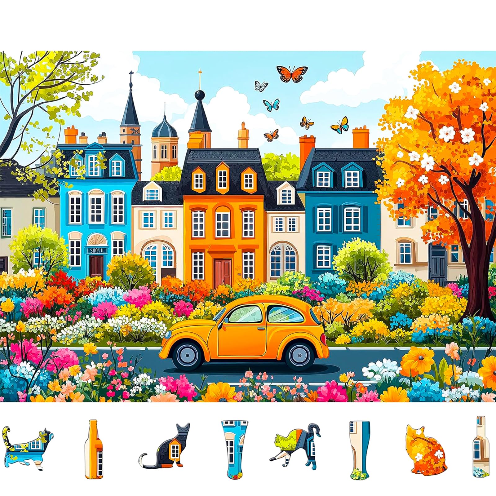 Colorful City Street Jigsaw Puzzles for Adults 500 Pieces Spring Vintage Car and Flower Garden Scene Puzzle Family Challenging Funny Puzzle Perfect for Game Nights(21"x15")