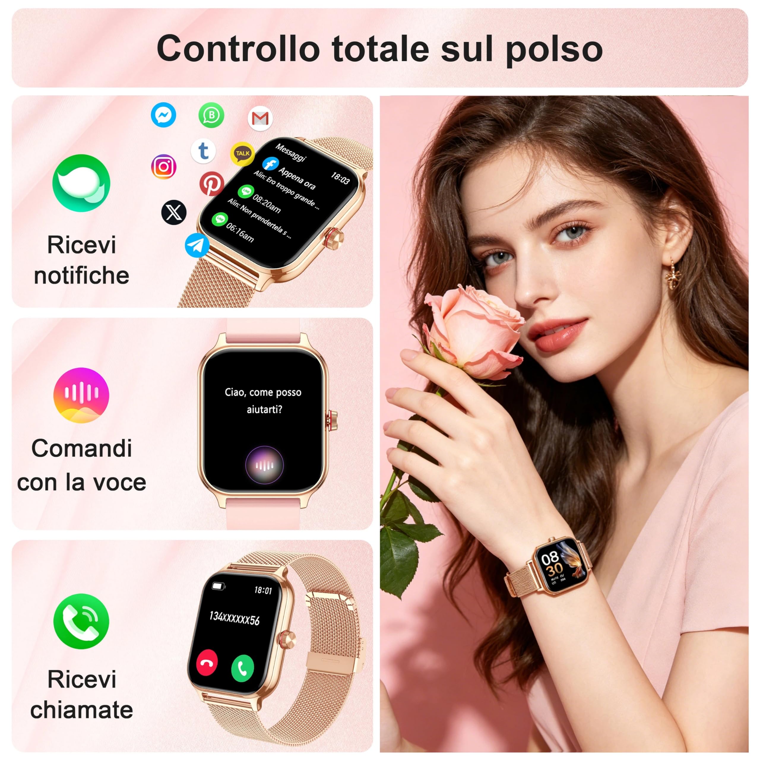 LODIMEKE Smartwatch Pressione Sanguigna e Chiamate, 1.96" Orologio Uomo Donna Fitness con Cardio Contapassi Sonno, 100+ Modalità Sportive, Sveglia e Calcolatrice, AI Assistente, Regalo per iOS Android