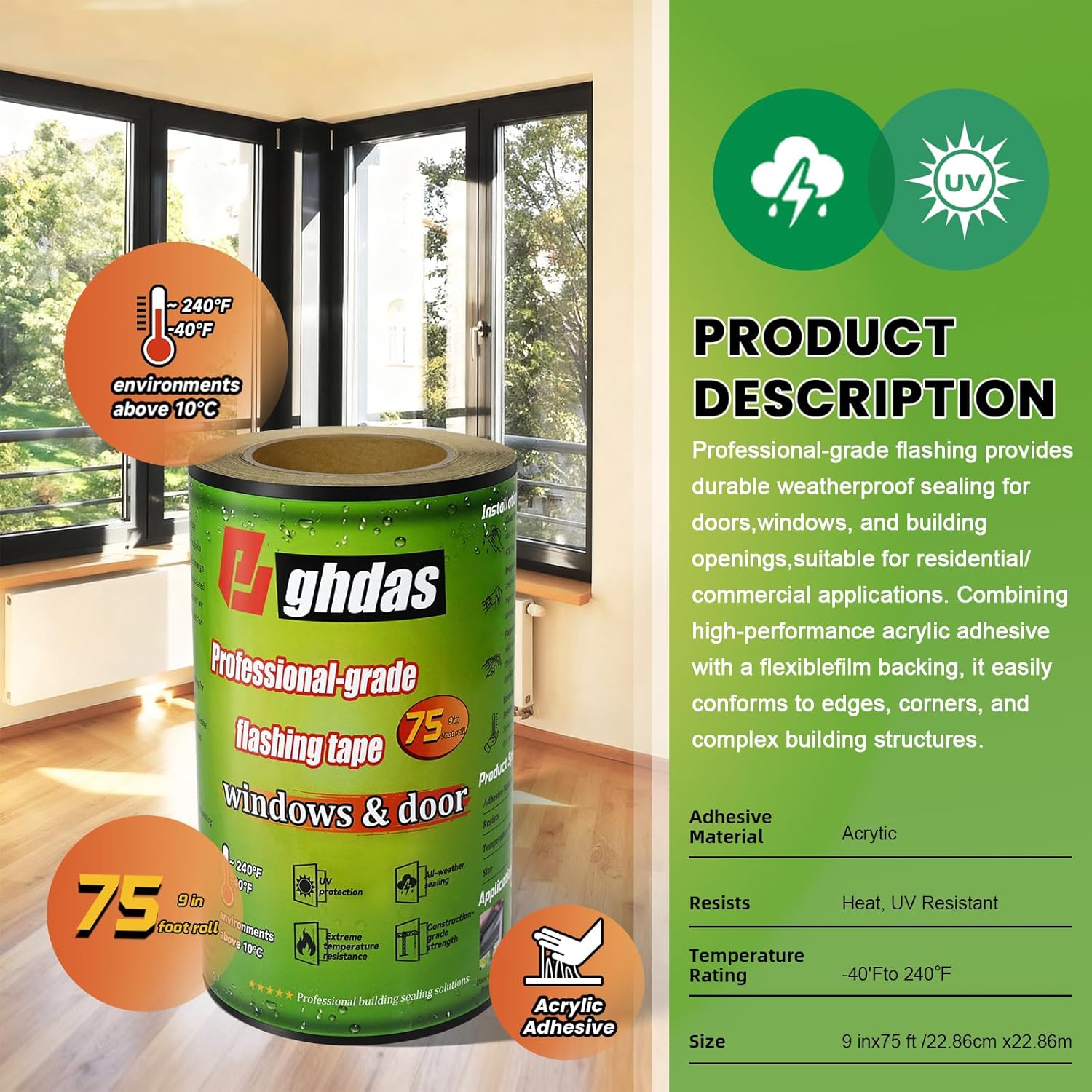 Flashing Tape for Windows & Doors, 9" x 75', Industrial Strength for Windows, Doors, Weather-Resistant, UV-Resistant, Tear-Resistant, Advanced Acrylic Adhesive, Black