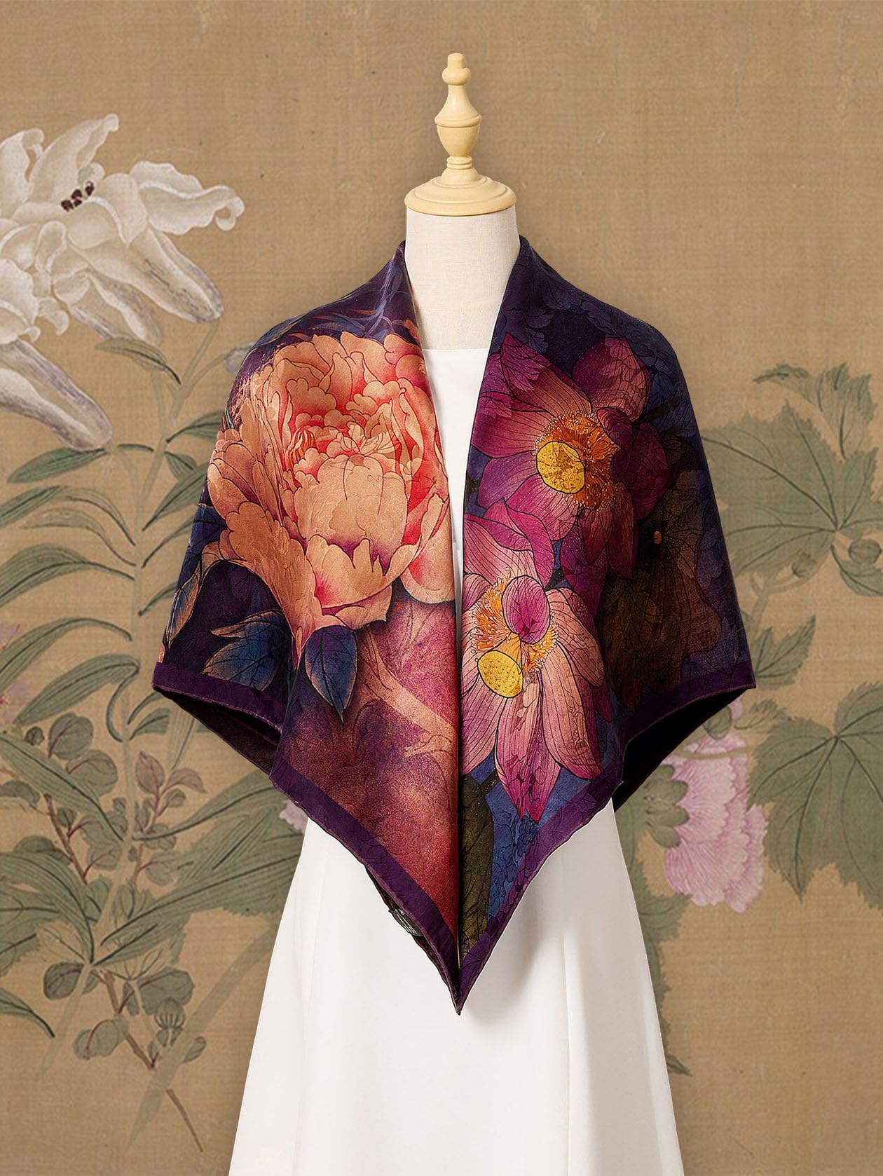 HangErFeng Damski jedwabny szalik Xiangyun fioletowa piwonia lotos kwadratowy szal 1656