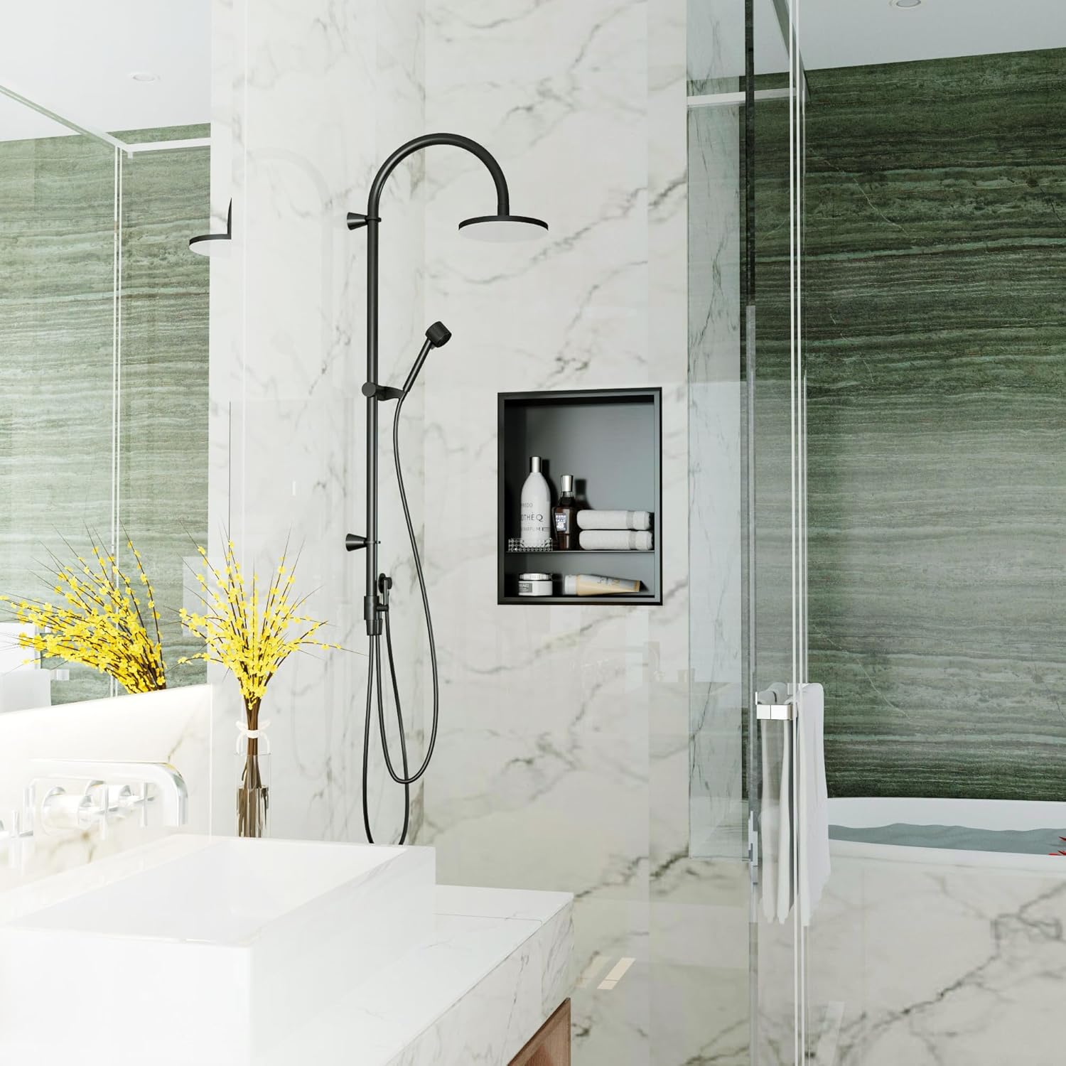 Shower Niche Shelf, 14" x 18" Black Bathroom Niche No Water Residue, Two-Tier Wall Niches, No Tile Needed Wall-Insert, 304 Stainless Steel Recessed Shower Shelf for Bathroom Storage