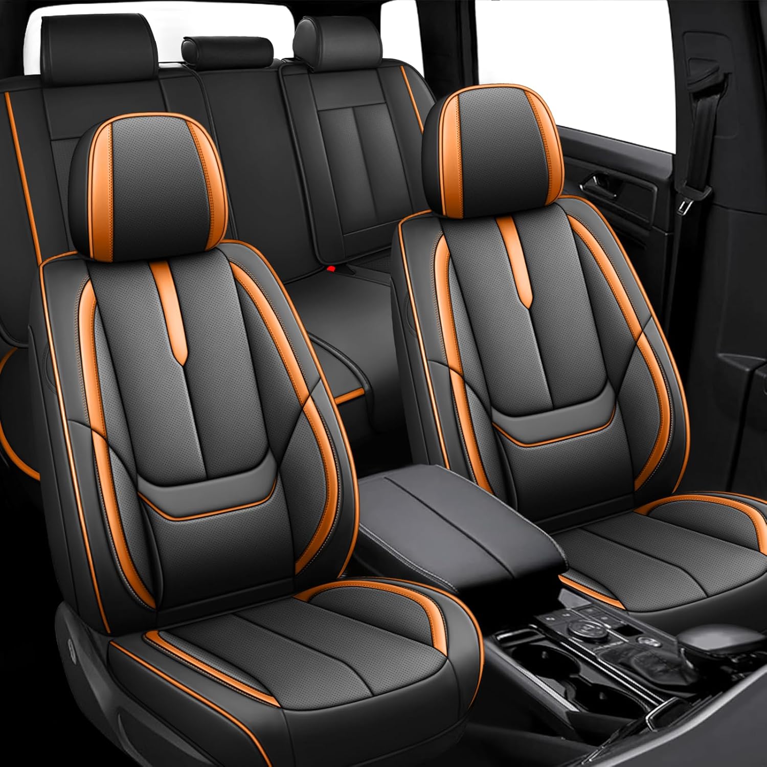 5 Full Seat Covers for Ford Maverick 2022-2025, Premium Nappa Leather Seat Cover, Fully Wrapped Protect Modern Style Seat Cover (5-Seat Standard, Black & Orange)