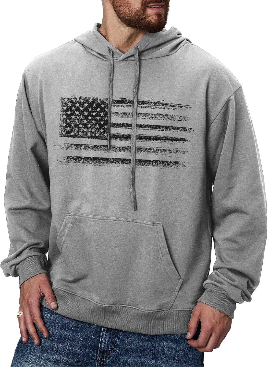 Men's Hoodies American Flag Print Sweatshirt Casual Drawstring Long Sleeve Hoodie Kanga Pocket Pullover - Image 2