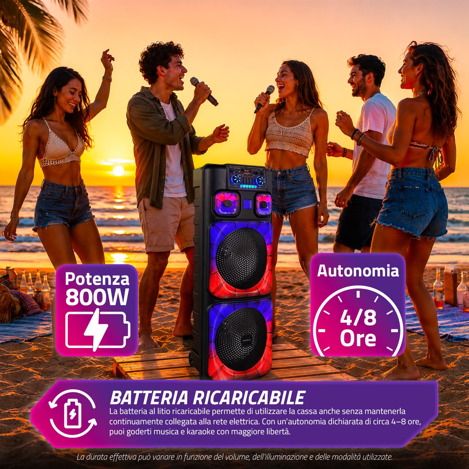 Avilia – Boîtier Bluetooth 800 W avec microphones sans fil, lumières LED RVB et télécommande | Haut-parleur portable puissant pour karaoké et fête, batterie rechargeable jusqu'à 8 heures d'autonomie