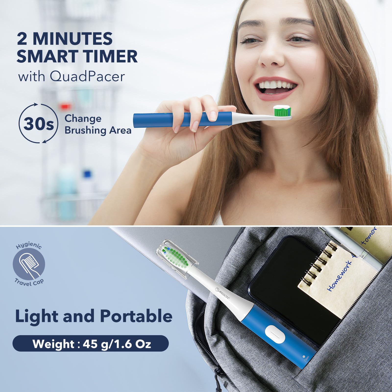 Arisson Sonic Spazzolino Elettrico per Adulti e Bambini con 4 Testine, Ricarica Rapida Tipo C, 40.000 VPM, 3 Modalità con 2 Minuti Smart Timer, 45,4 g, Bianco su Azzurro