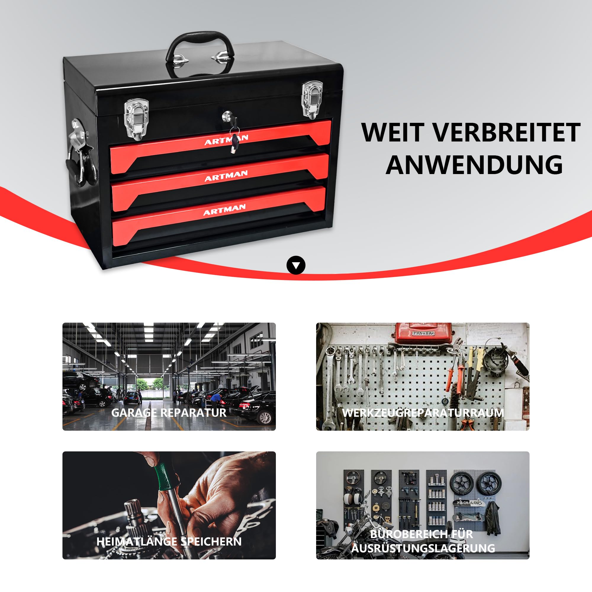 Caja de herramientas portátil de acero de 20 pulgadas con tres compartimentos, cerradura de metal, banco de trabajo móvil y almacenamiento de herramientas manuales, adecuado para bricolaje (sin