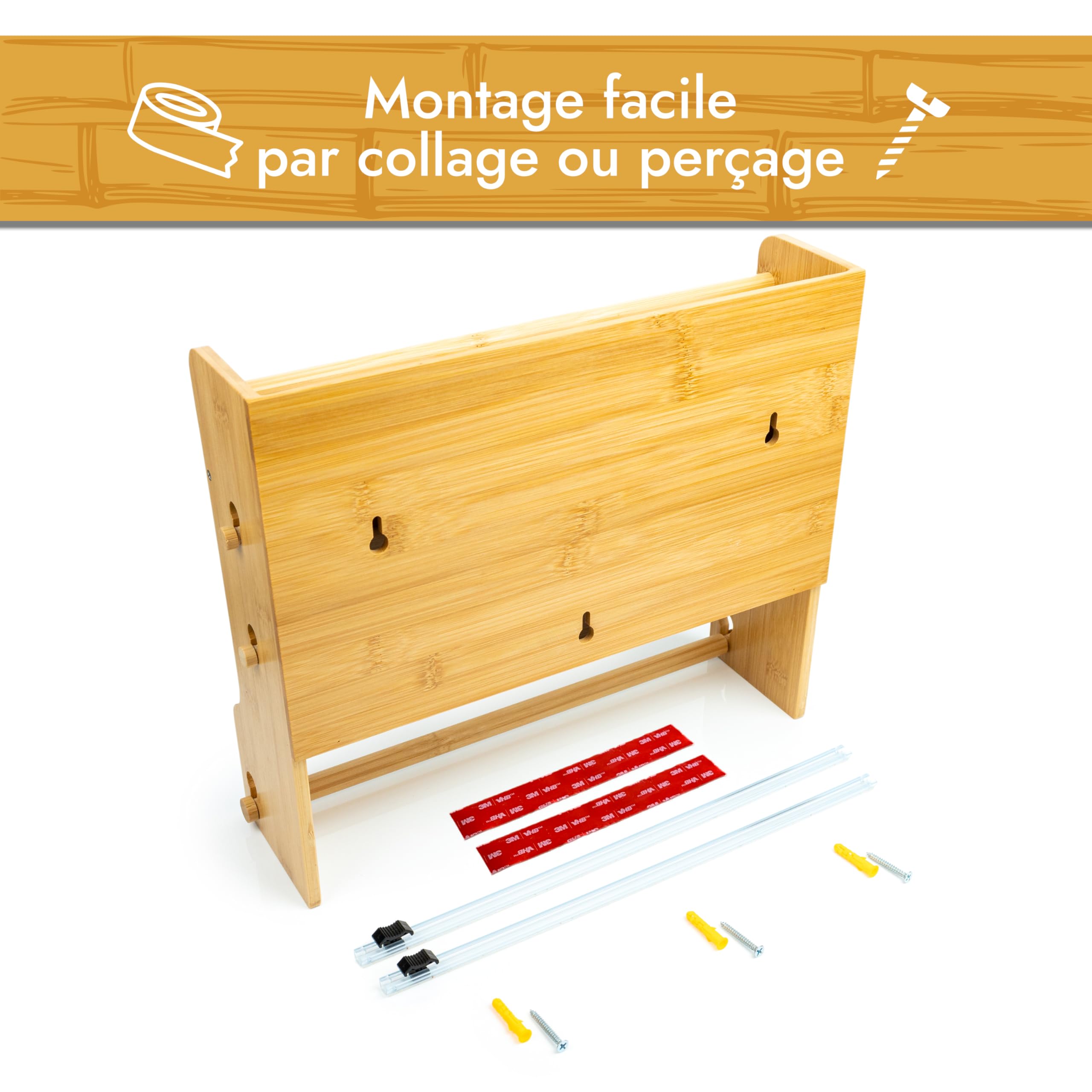 Porte-rouleau de cuisine en bois [sans perçage] - Support mural pour rouleau de cuisine, papier aluminium et film alimentaire - Organisateur de cuisine avec lames extrêmement