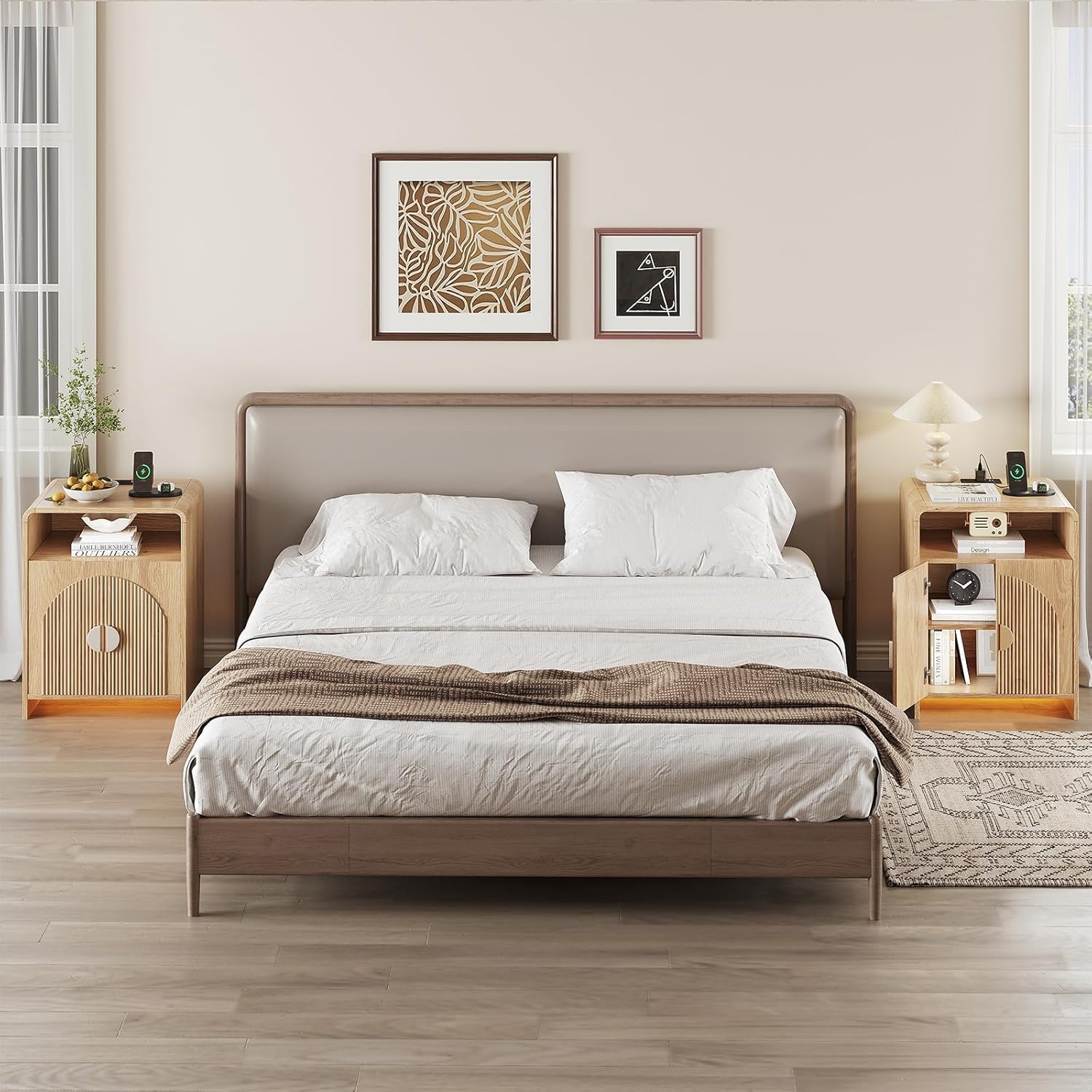 Nightstand with Charging Station and LED Lights, Night Stands with Adjustable Storage Cabinet, Modern Side Table with Fluted Doors and Open Storage, Bedside Table for Bedroom, Natural