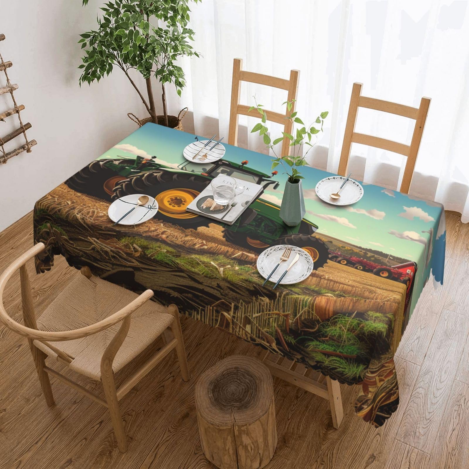 WPKJU Tractor Farm Printed Rectangle Tablecloth 72x54 Inch with Lace Trim, Water-Resistant Washable Table Cover for Farmhouse Weddings, Outdoor Picnics & Holiday Dining