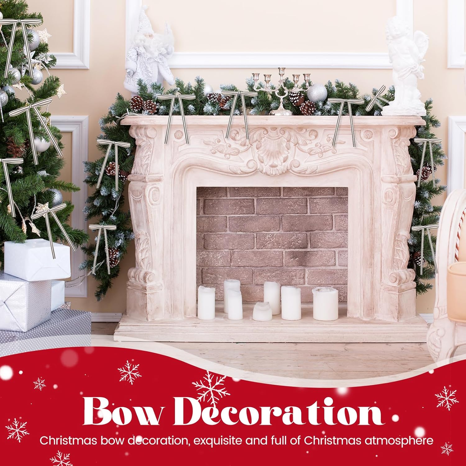 Riceshoot 24pcs Christmas Cotton Stripe Bows 5 x 7 Inch Vintage Rustic Pre-Tied Gift Bows with Wire Ties for Xmas Tree Wreath Fireplace Stairs Home Indoor Outdoor Decor(Black and White,Width of 3/8)