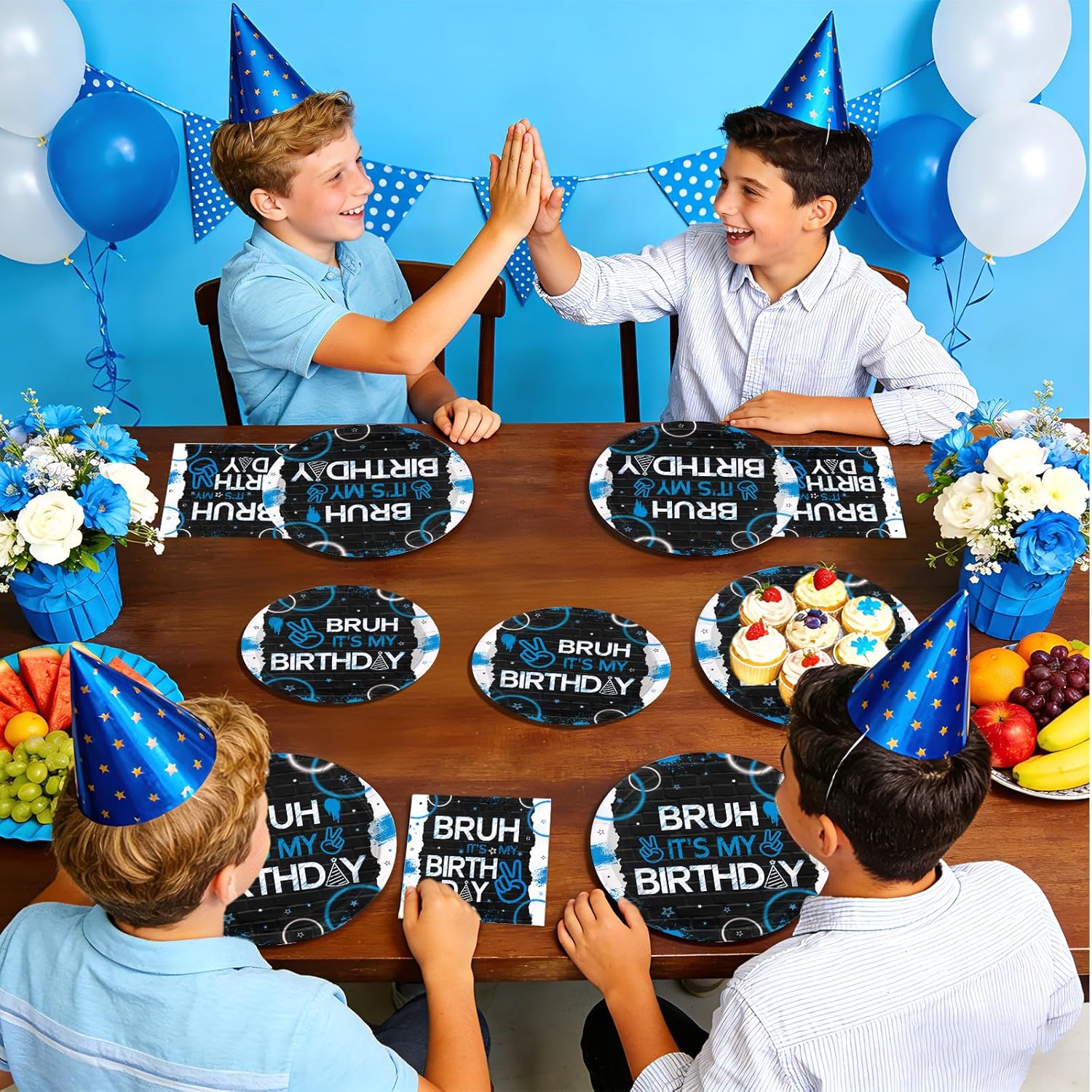 96Pcs Bruh Birthday Party Decorations Bruh It's My Birthday Plates and Napkins Tableware Sets Blue and Black Disposable Decorations for Boys Black and Blue Birthdays Party Supplies Serves 24 - Image 5
