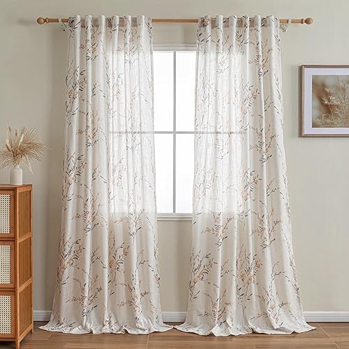 Miniatura 2 de Mysky Home Cortinas semitraslúcidas para sala de estar, 95 pulgadas de largo, aspecto de lino, florales, filtran la luz, para ventana, campo