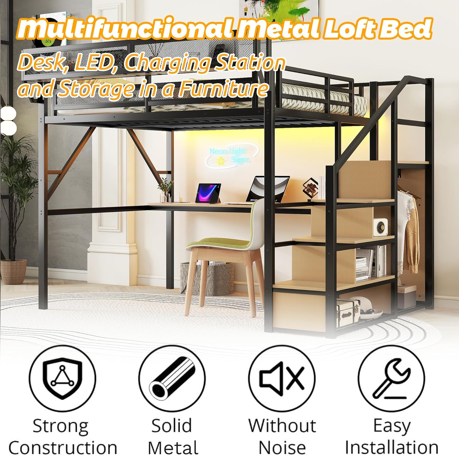 Queen Size Loft Bed with Desk & LED Lights, High Loft Bed Frame with Stairs & Storage, Tall Lofted Bed for Teens, Boys & Girls, No Box Spring Needed (Black)