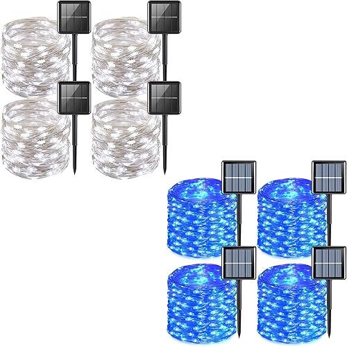 YEGUO Paquete de 8 luces solares blancas y azules para exteriores, impermeables, cada cadena de 100 luces LED solares de 33 pies, 8 modos de luces