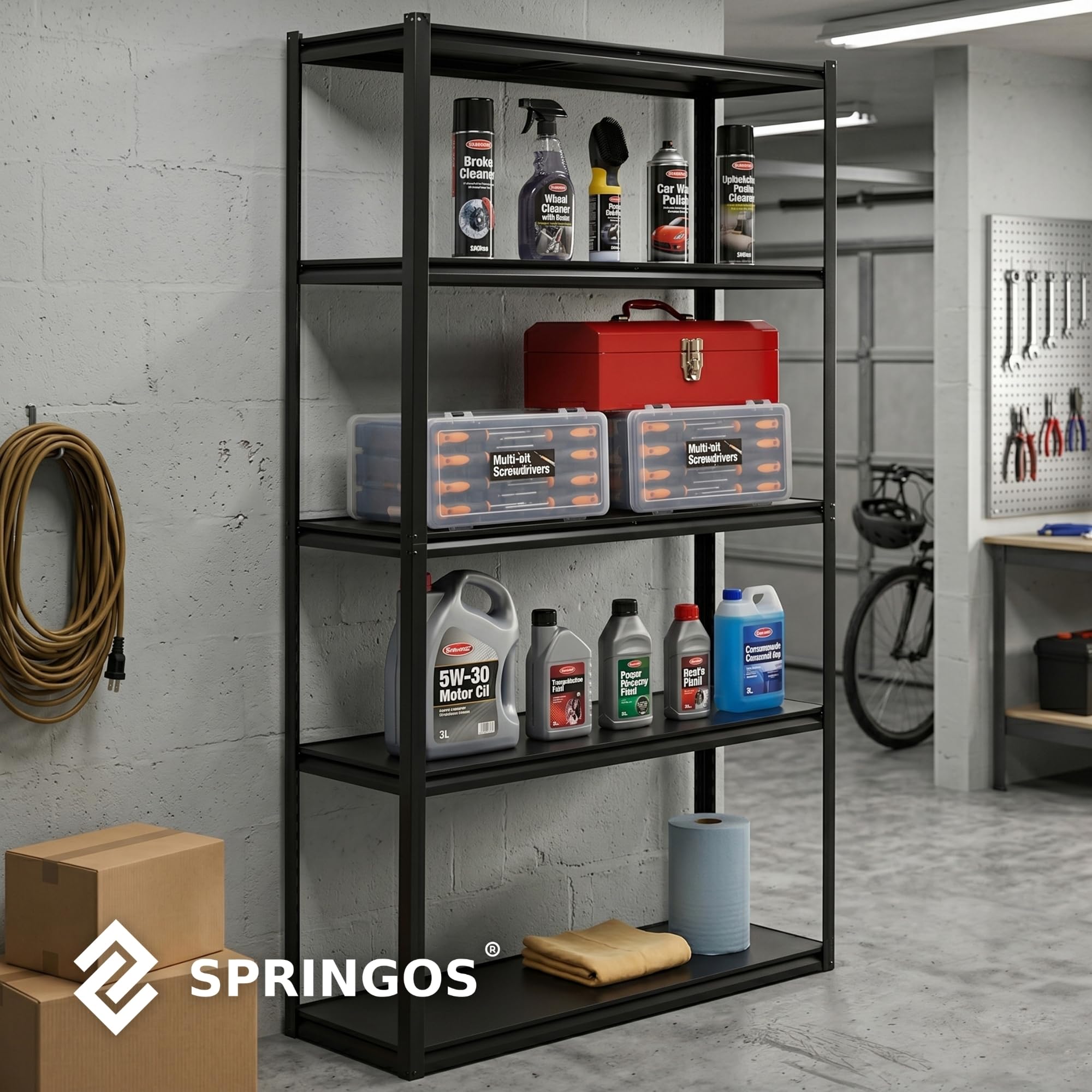 SPRINGOS Scaffalatura per carichi pesanti, 200 x 120 x 40 cm, con 5 ripiani in MDF, portata fino a 750 kg, in metallo zincato, regolabile in altezza, divisibile, per garage, officina, magazzino