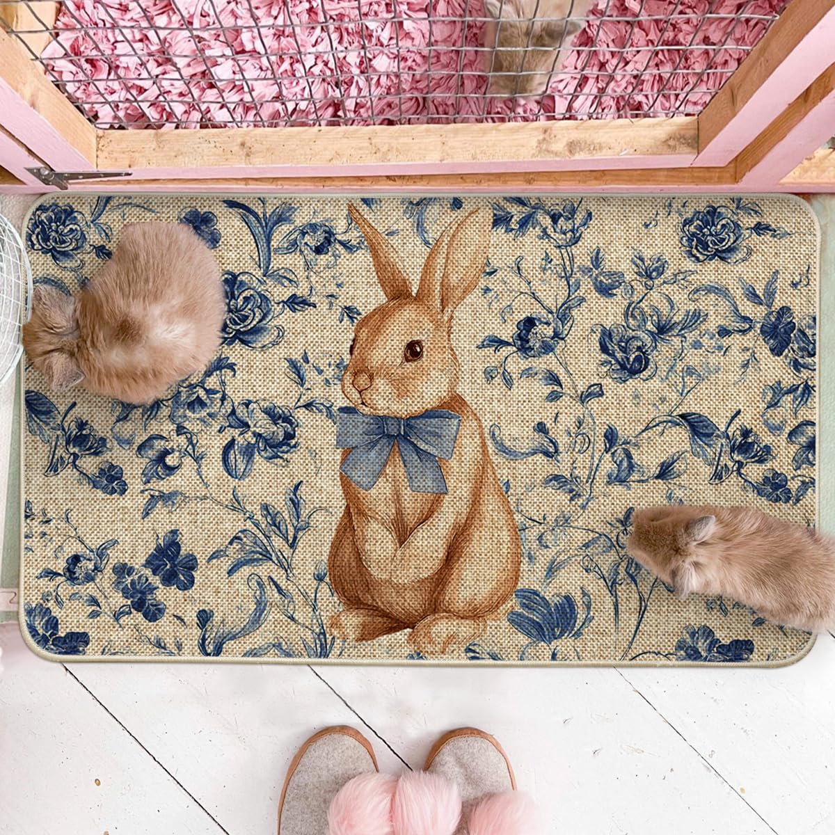Artoid Mode Rabbit Bunny Blue Porcelain Flowers Bow Easter Doormat, Home Decor Low-Profile Switch Rug Door Mat Floor Mat for Indoor Outdoor 17x29 Inch