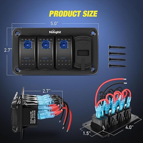 Miniatura 2 de Nilight Caja de interruptor basculante, 3 bandas 12 V SPST, enciende, apaga, PD tipo C, QC 3.0, cargador USB, voltímetro, impermeable, aluminio,