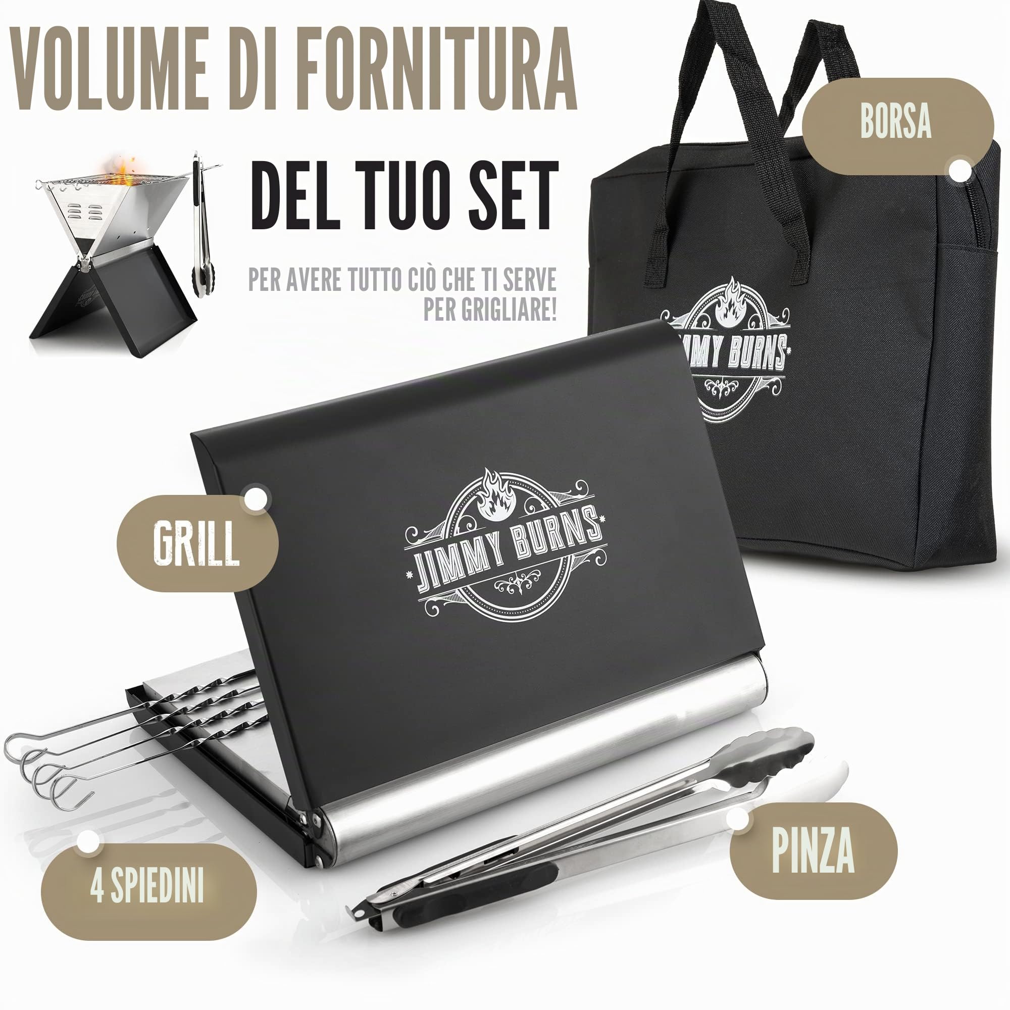 JIMMY BURNS Barbecue da campeggio a carbonella in acciaio inox,[Design Eyecatching Notebook Design],per 2-4 persone,Barbecue pieghevole compatto per campeggio, giardino,con accessori per barbecue