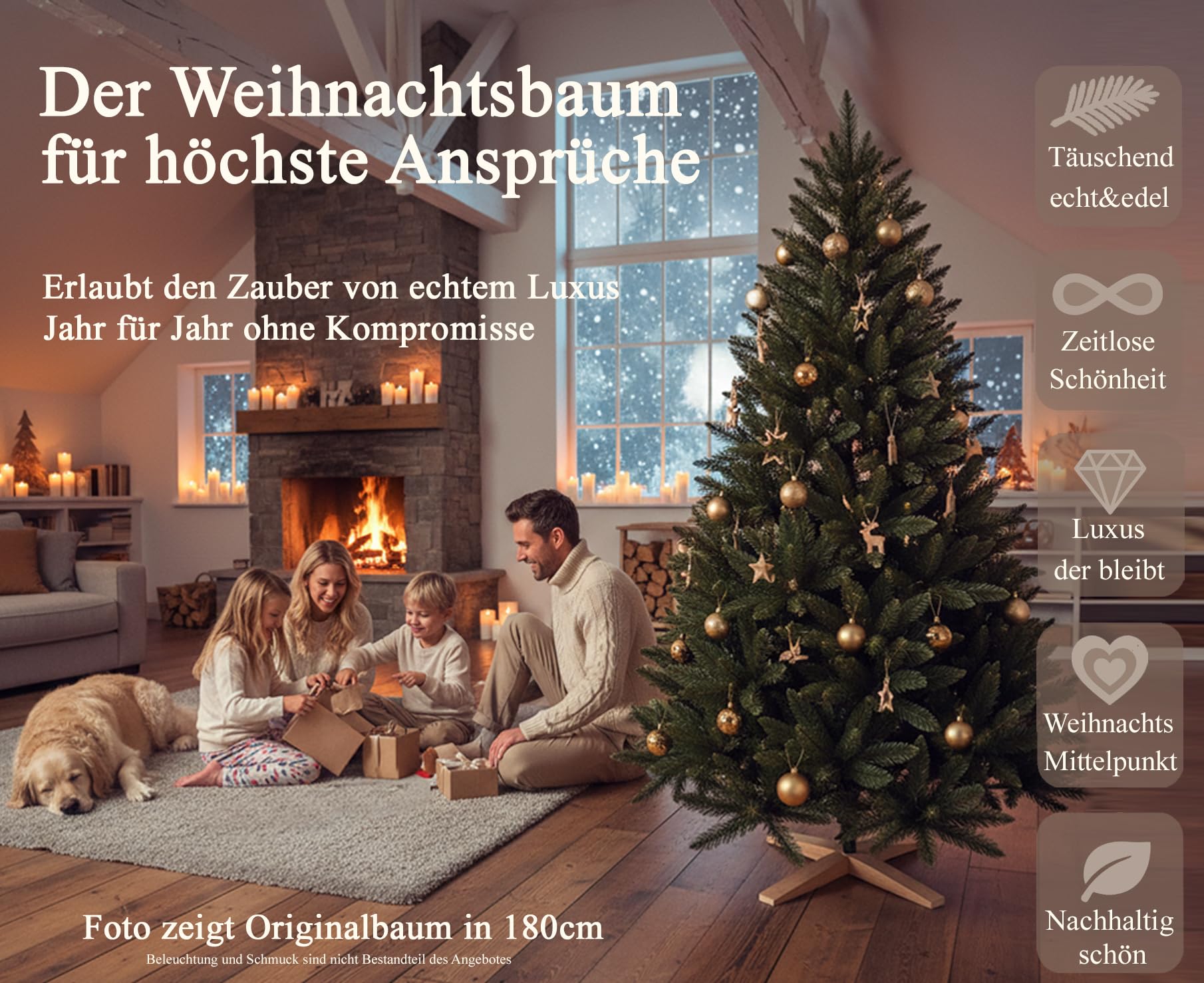 Hochwertiger künstlicher Weihnachtsbaum 180cm mit Holzfuß - Premium Weihnachtsbaum künstlich mit dichtem 3D PVC Nadelkleid, Schnellaufbau, Tannenbaum künstlich als Weihnachtsdeko