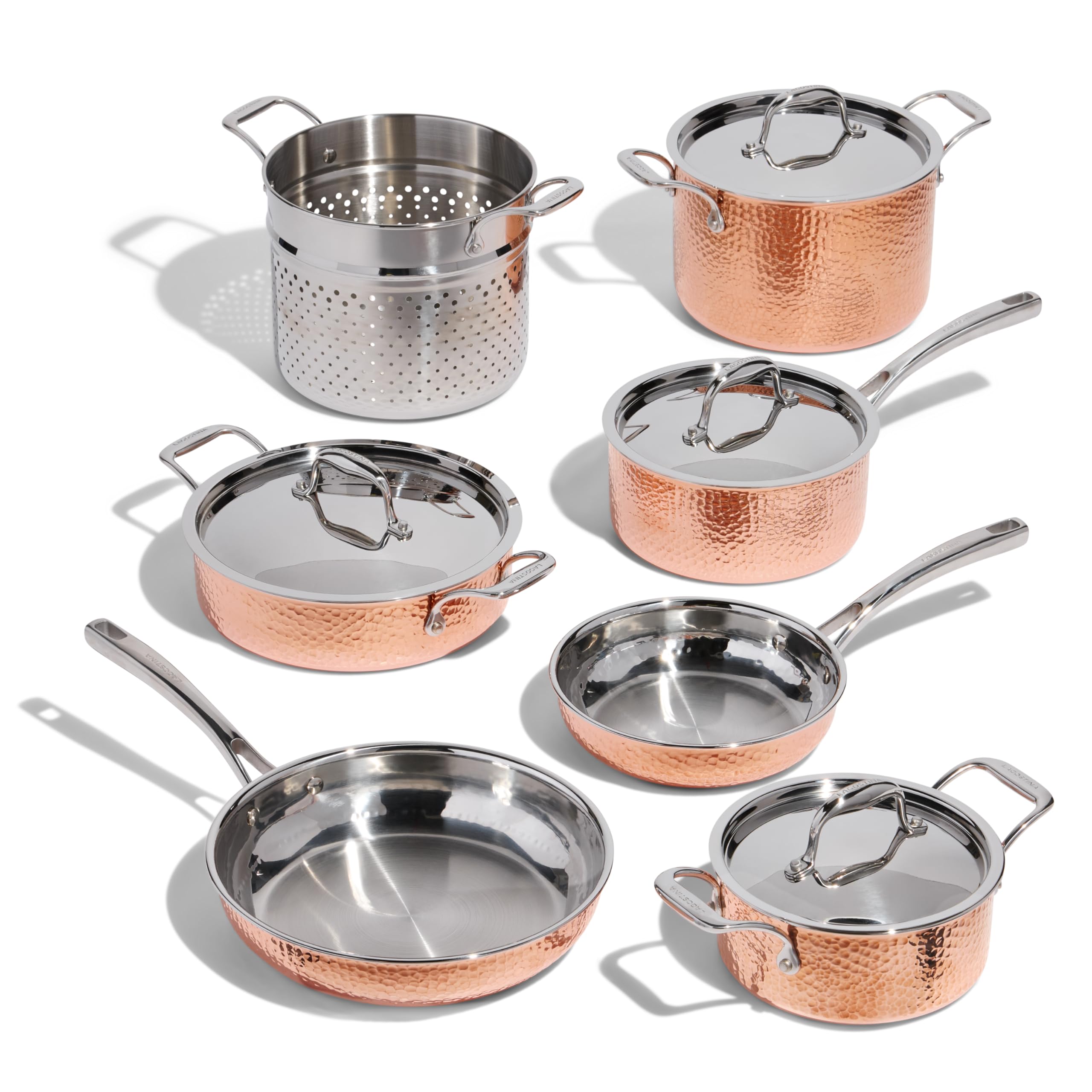 Lagostina Martellata Tri-ply Hammered Copper 11 PC Pots and Pans Cookware Set, Copper