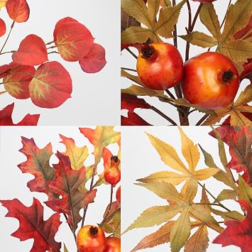 2PCS Fall Mixed Leaves Stems, 19in Autumn Foliage Picks and Spray with Eucalyptus Maple Pomegranate Artificial Floral Branches for Home Thanksgiving Table Centerpiece Fall Vase Arrangement Decor