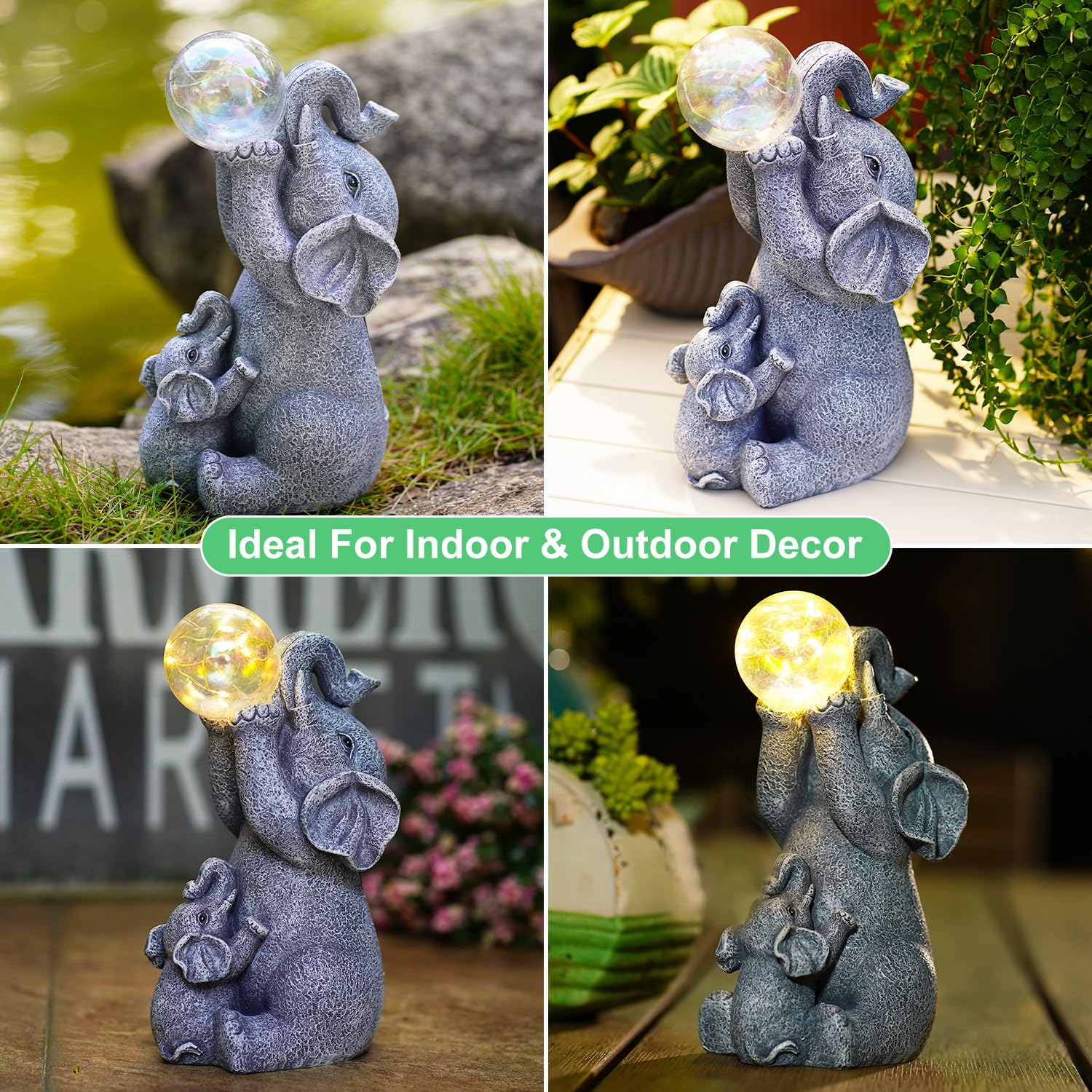 Statue solari da giardino a forma di elefante, luci con sfera a bolle solari, per esterni, cortile, decorazione da giardino, regalo unico per l'inaugurazione della casa per mamma, donne