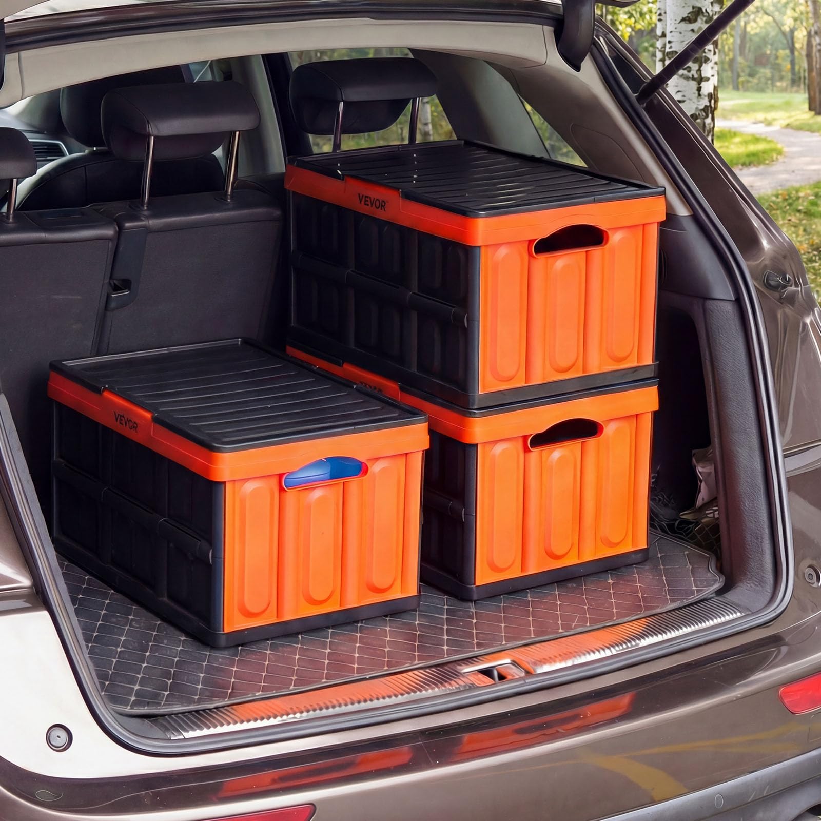 VEVOR Klappbox 45 L 3er-Pack, Faltbare Aufbewahrungsboxen aus Kunststoff, Stapelbare Klappkörbe mit Deckel, Tragkraft 20 kg pro Box, Klappkiste, Ideal für Haushaltsorganisation, Orange & Schwarz