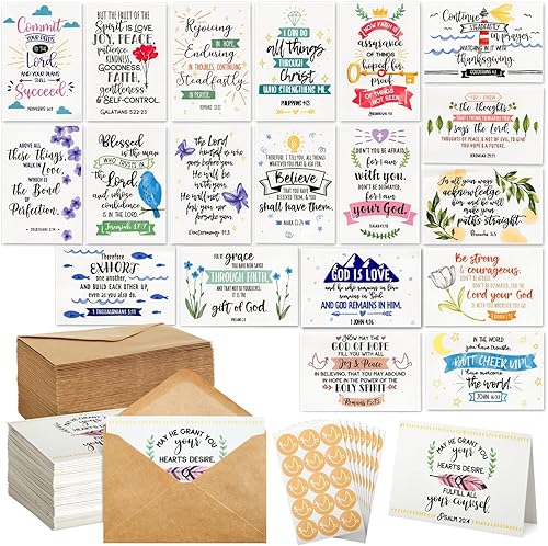 Faithful Finds - Paquete de 120 tarjetas de felicitación cristianas religiosas a granel con sobres y 20 diseños inspiradores de versículos bíblicos