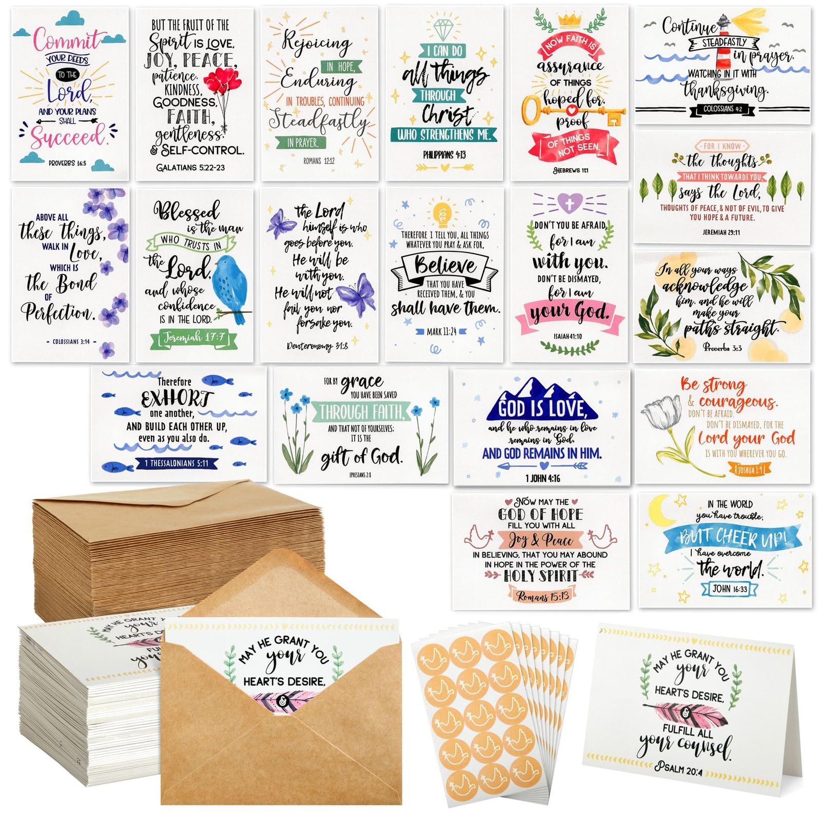 Faithful Finds 120 Pack Christian Greeting Cards Bulk with Envelopes, Religious Encouragement Scripture, 20 Inspirational Bible Verse Designs (4x6 In Note Cards)