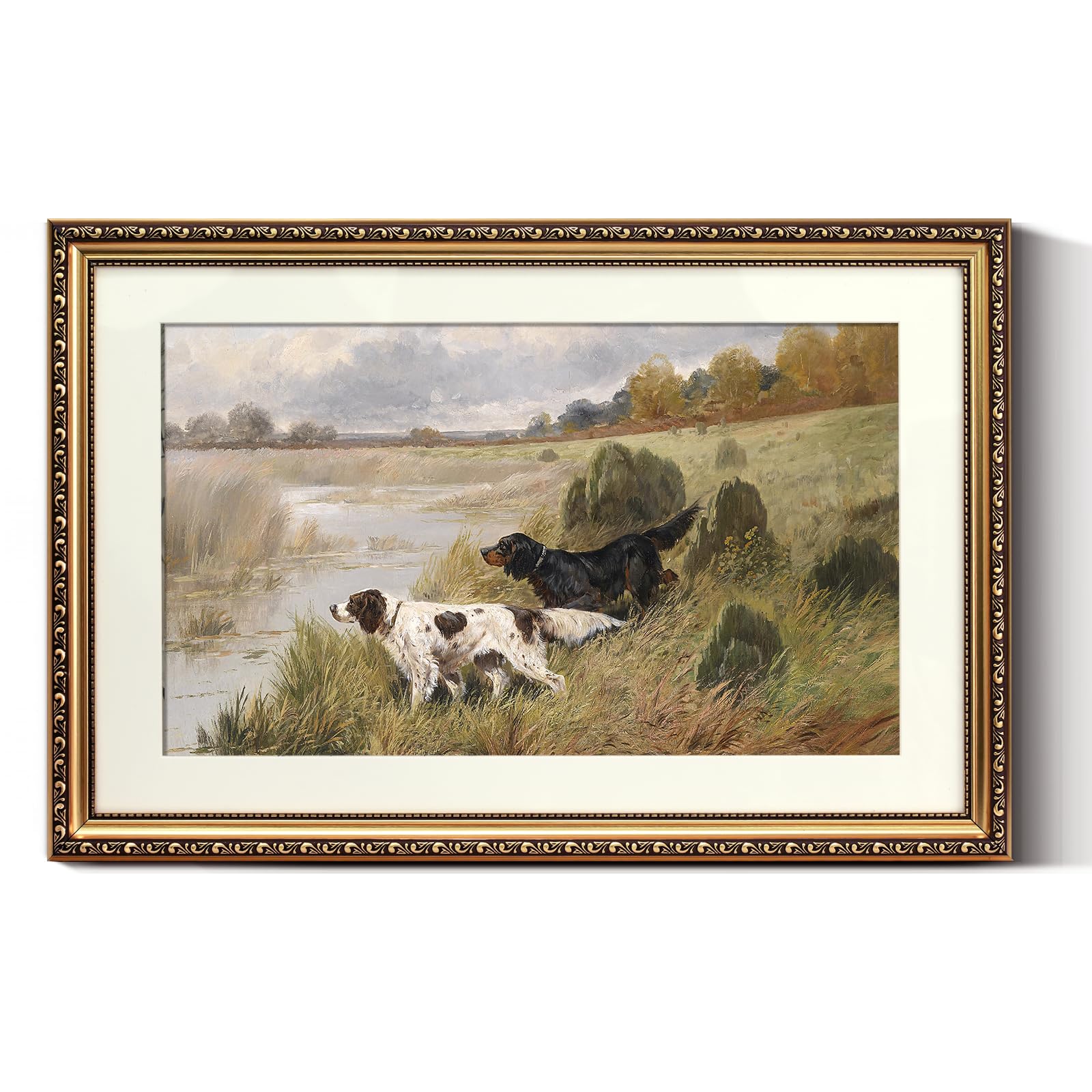 ARPEOTCY Vintage Gold Framed Large Wall Art, Retro River Dog Landscape Paintings, Canvas Prints Artwork with Antique Frame, Victorian Wall Picture Decor for Room Gallery Living Room, 16x24 inch — image 1