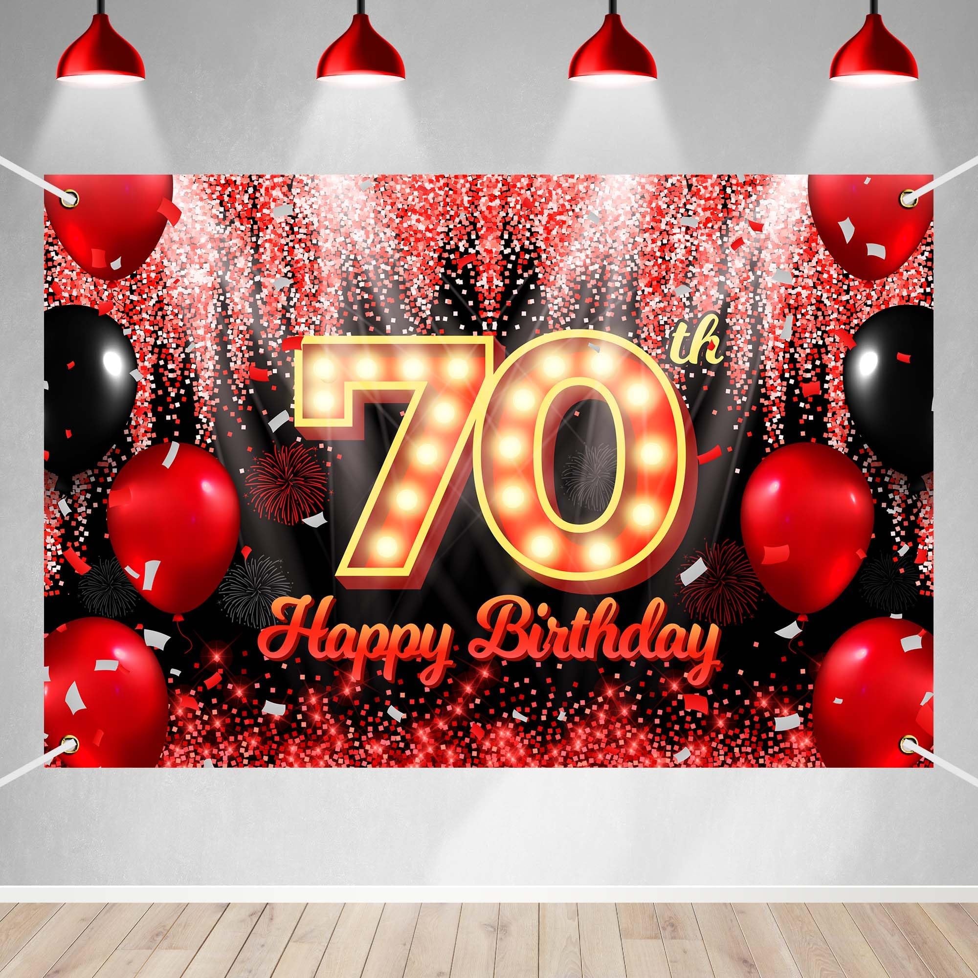 Happy 70th Birthday Backdrop Banner Black and Red Theme Background with Neon Shiny Fashion Birthday Party Photo Photography Prop Booth Background for Men Women Celebration 70.8x47.2in-BECKTEN