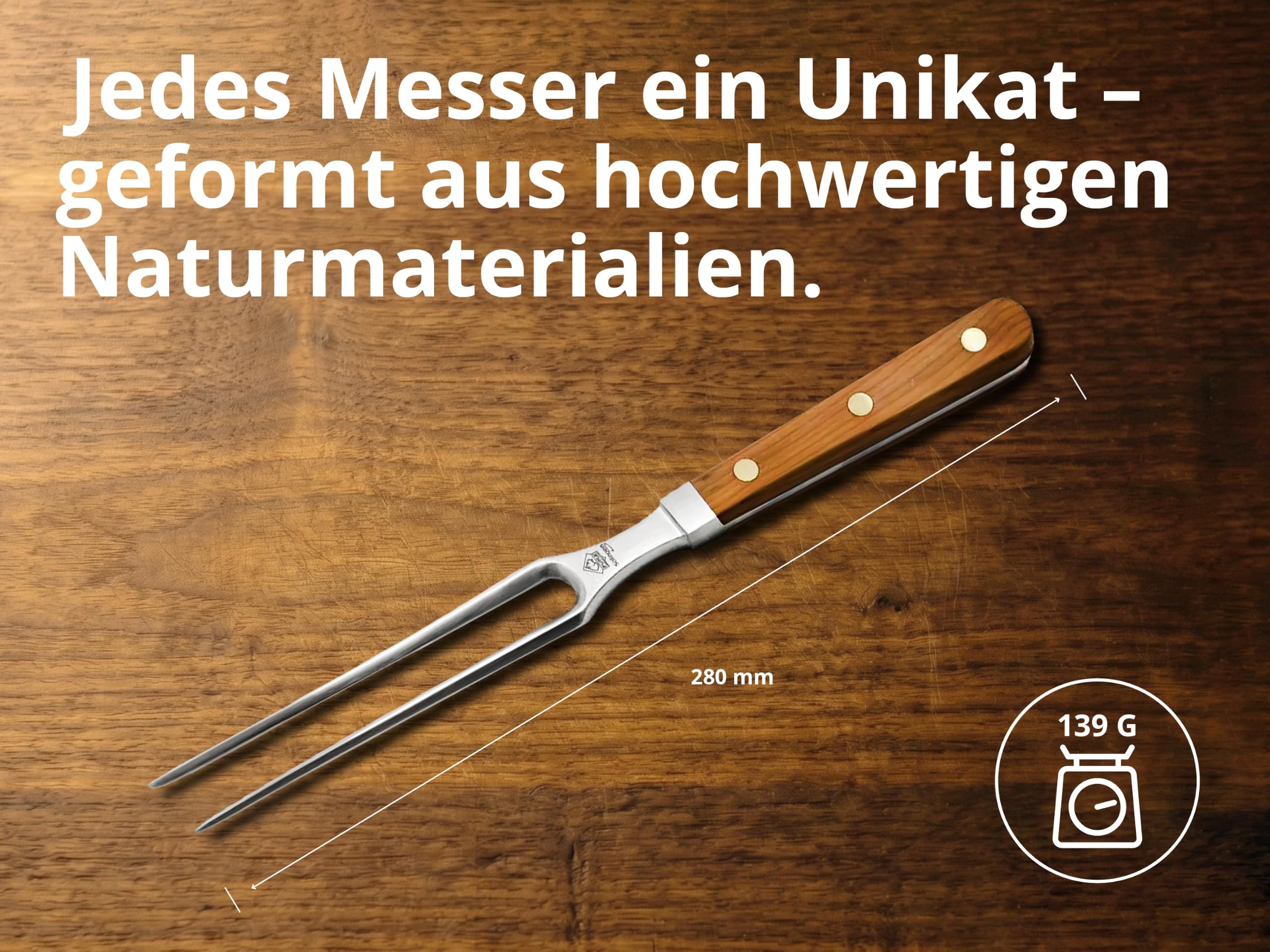 PUMA – Fleischgabel - Deutscher Stahl 1.4116 - Griff aus edlem Eibenholz mit Messingnieten - Passend Küchenmesserserie - Handgefertigt in Deutschland (Art.Nr.: 120010)
