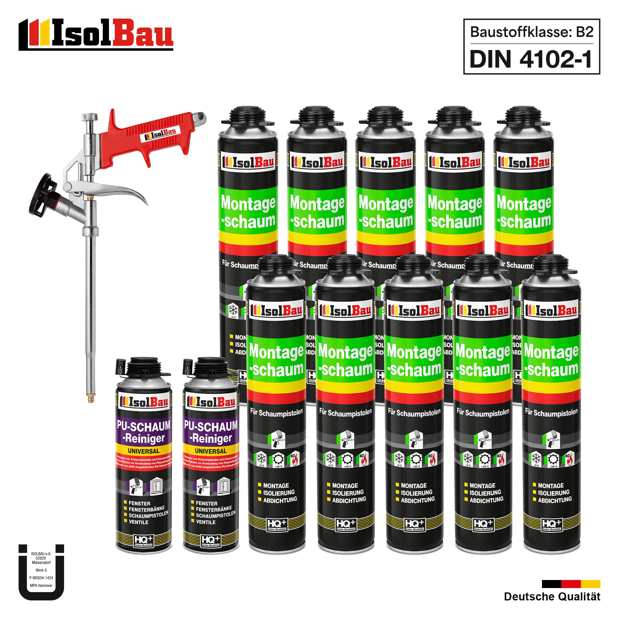 Isolbau Bauschaum-Set - Inkl. 10 x 1K Montageschaum B2 Pistolenschaum mit hervorragender Schall und Wärmedämmung (je 750 ml), 2 x PU-Schaum-Reiniger (500 ml) & 1 x Schaumpistole, Verfüllen