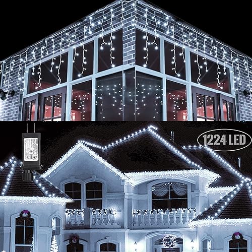 Toodour Luces de Navidad de carámbano para exteriores, 100 pies 1224 luces LED de carámbano con 204 gotas, 8 modos de cortina de ventana, luces