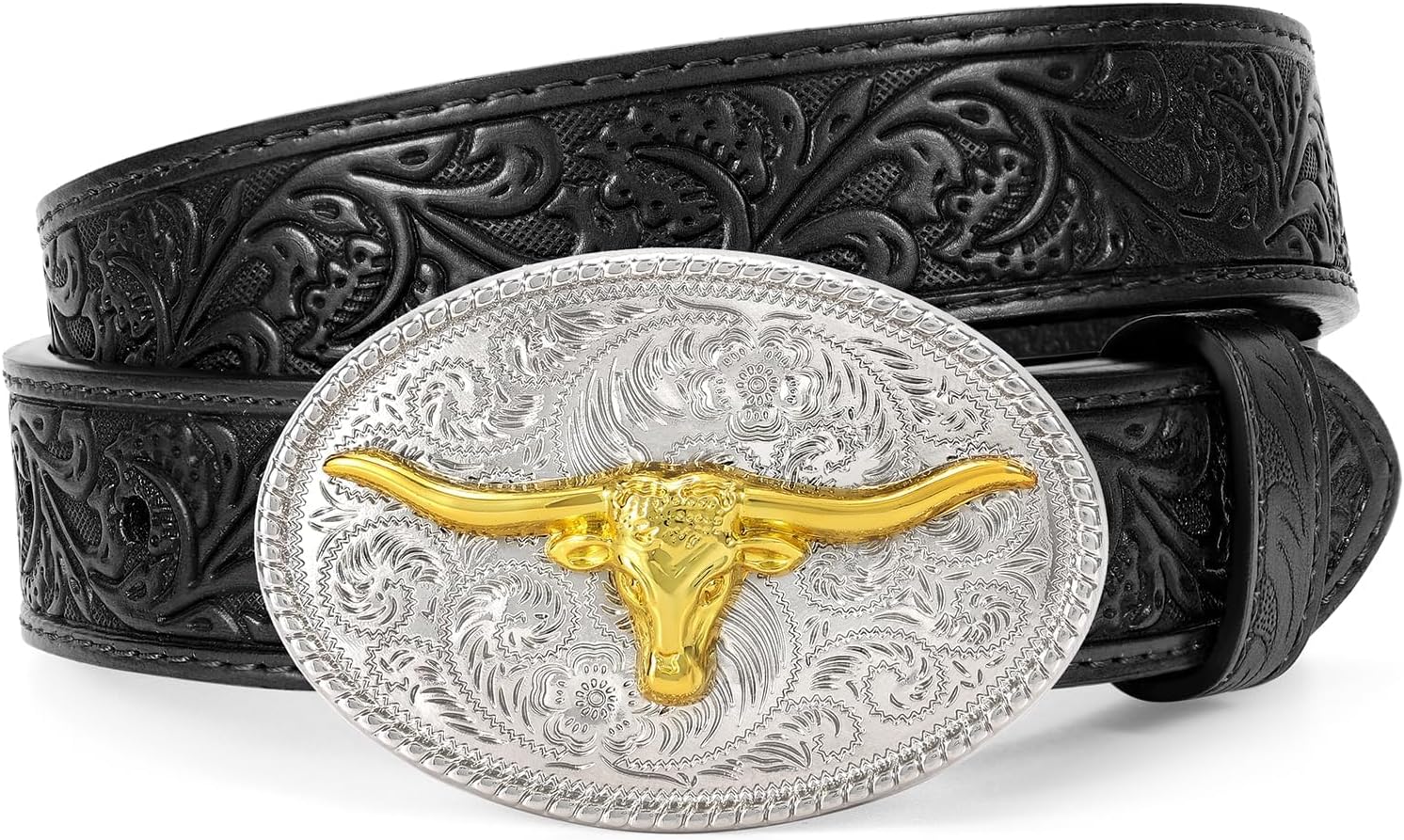 Kids Western Belt Leather with Bull Horse Buckle for Boys Cowboy Outfits