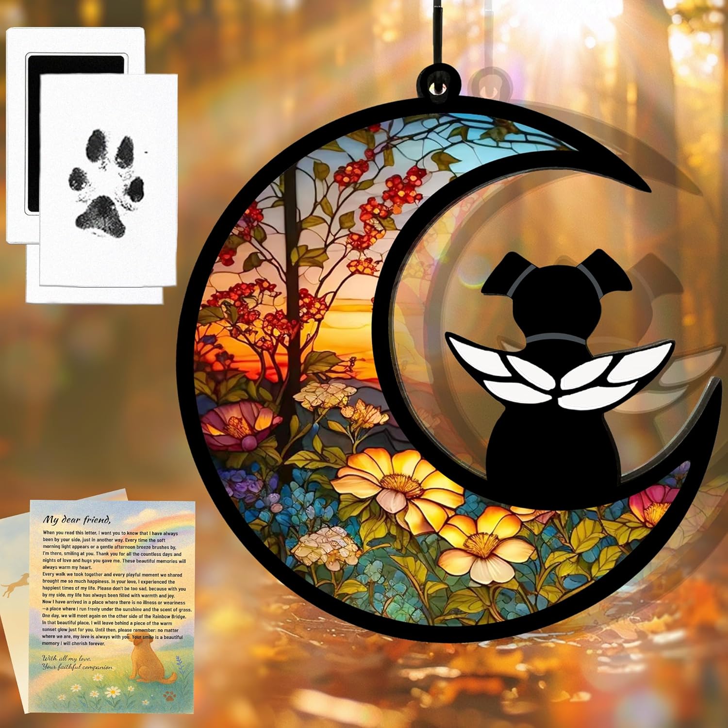 Dog Memorial Gift for Loss of Dog – DIY Angel Memorial Suncatcher & Paw Print Kit for Dogs with Sympathy Card | Pet Memorial Keepsake(Floral Memory Field) A4-Floral Memory Field