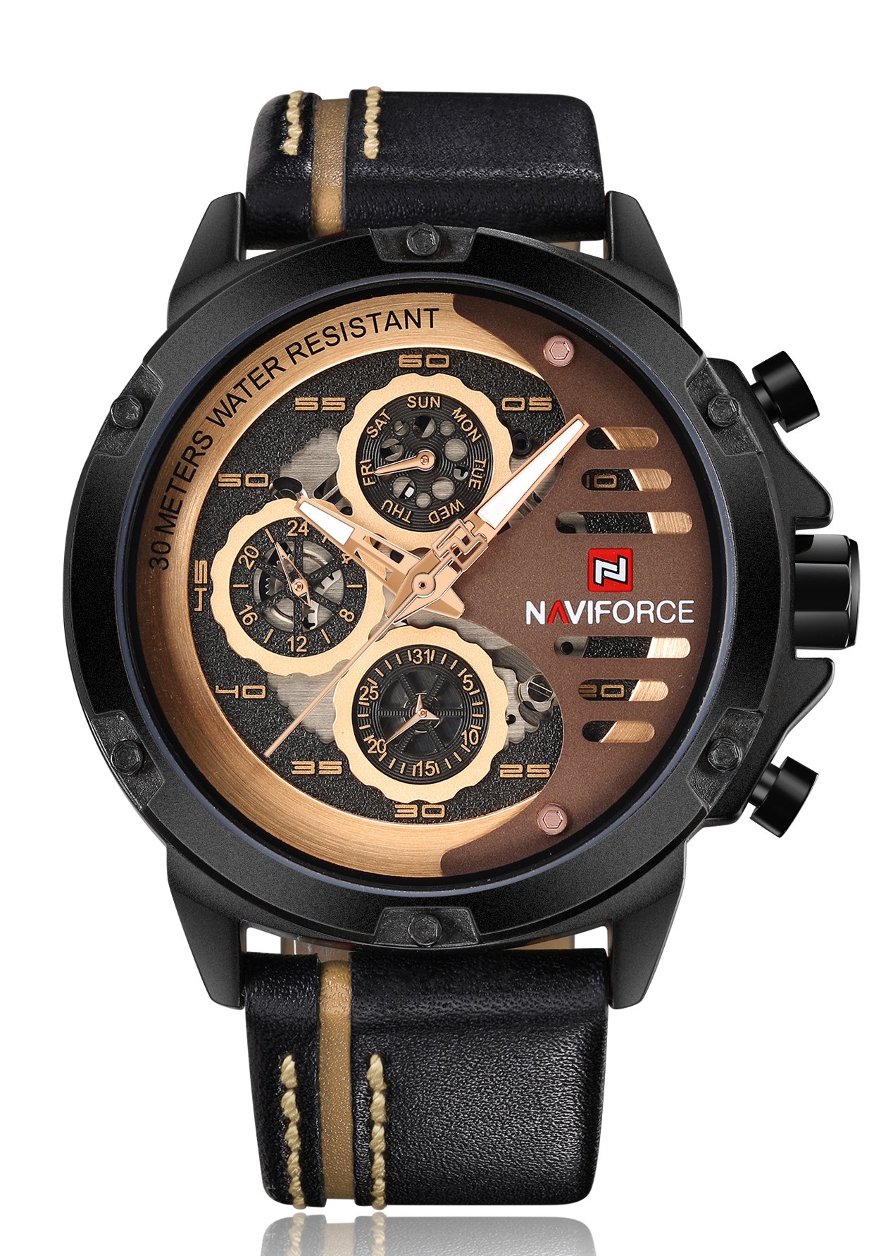 NAVIFORCE Orologio sportivo militare da uomo, impermeabile, analogico, al quarzo, cinturino in pelle, con data e calendario