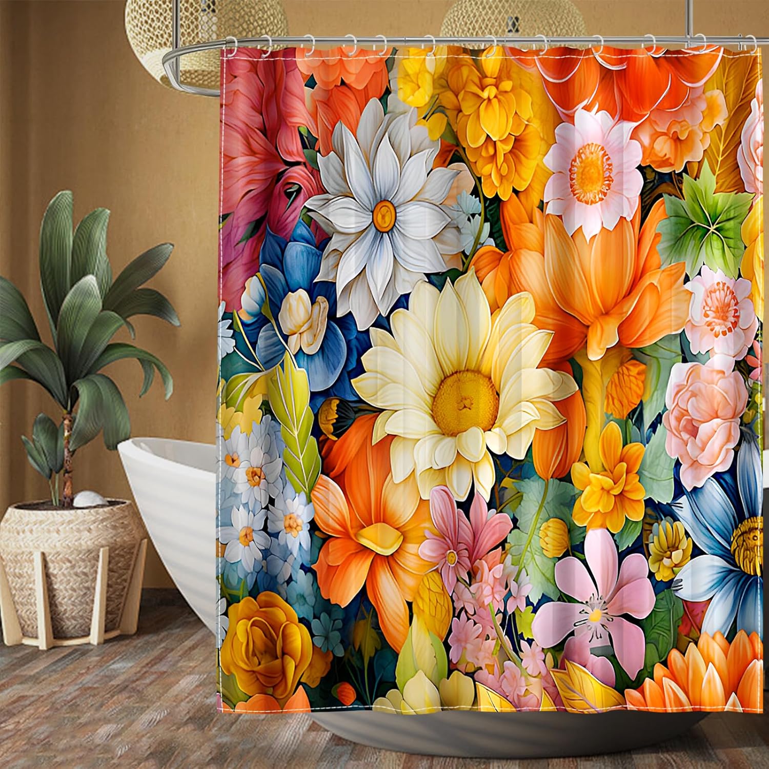 LSTAMOY Boho Floral Shower Curtain, MultiColor Flowers Printed Bohemian Ethnic
