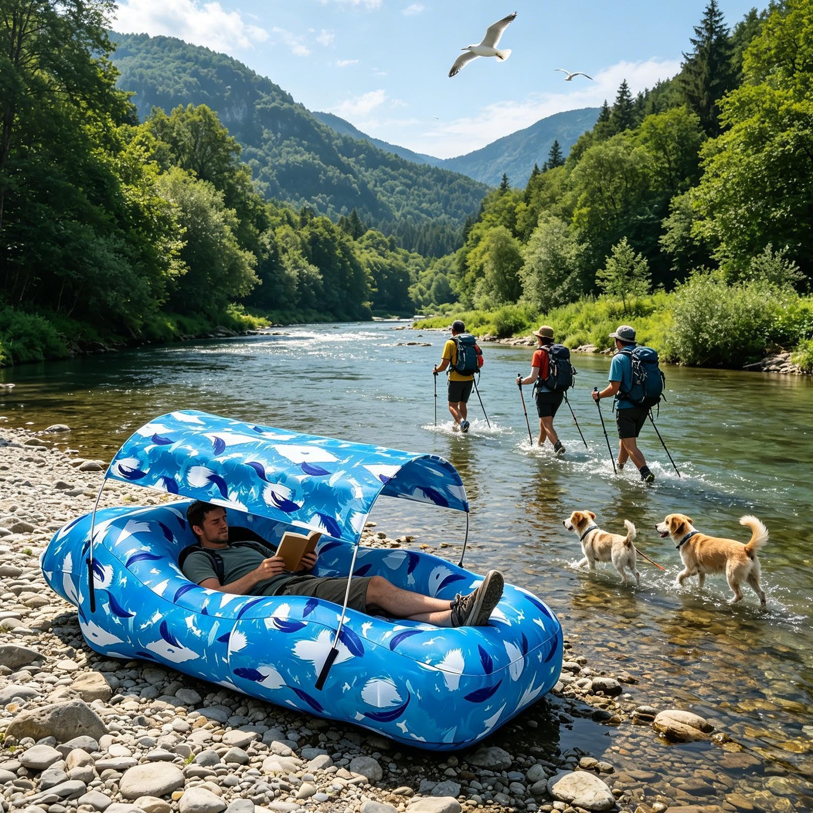 Aufblasbares Sofa für den Pool mit Windschutz | Wanderliege einfach zu installieren | für Ausflüge Camping Wandern Picknick Urlaub Garten Meer