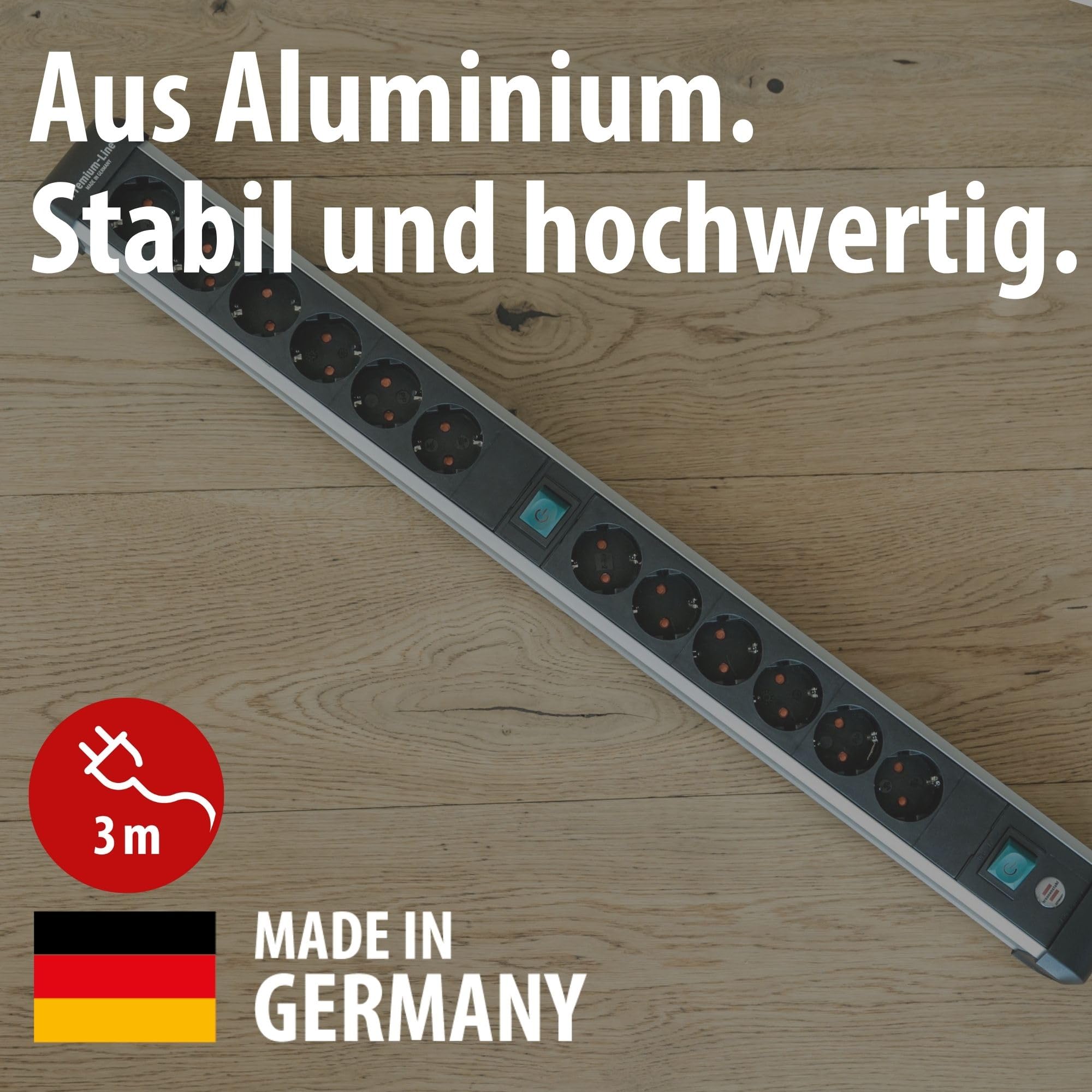 Brennenstuhl Premium-Alu-Line Power Strip 12-Way/Plug Strip Made Aluminium (Multiple Socket with 2 Switches and 3 m Cable, Made in Germany)