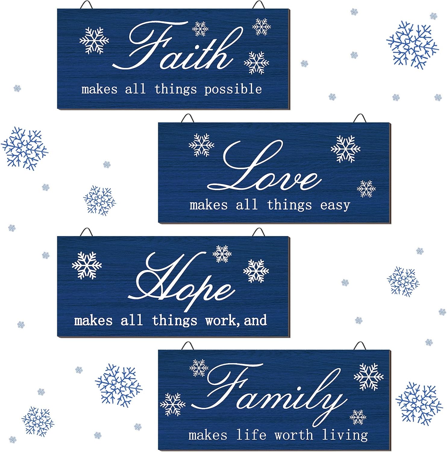 4 Pieces Christmas Plaid Wood Signs Snow Signs Faith Love Hope Family Wall Art Farmhouse Hanging Decor Rustic Christmas Wooden Plaque for Home Decor, 10 x 4 Inch (Dark Blue)