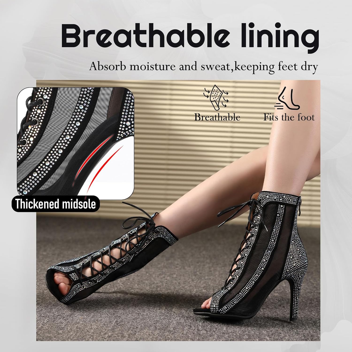 Womens Latin Dance Boots Peep Toe Mesh Lace Up Rhinestone Ballroom Dance Boots Practice Salsa Dance Heels DS118Z