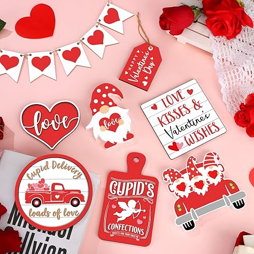 Miniatura 5 de 12 piezas de decoración de bandeja escalonada roja para el día de San Valentín, decoración de mesa de San Valentín, letrero de madera, gnomo,