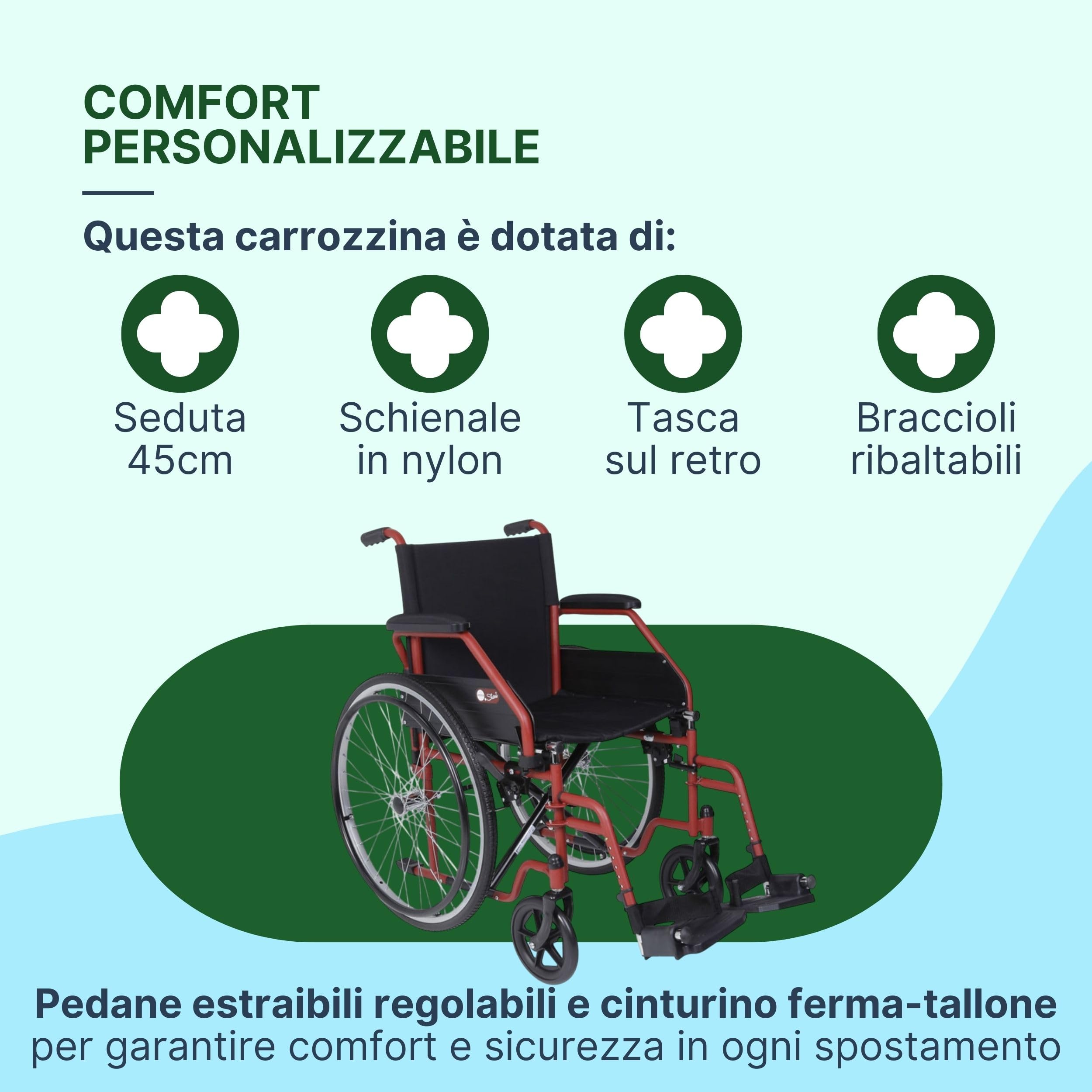 Sedia a Rotelle Pieghevole Leggera ad Autospinta, Carrozzina per Disabili in Acciaio, Portata Massima 120 kg - Seduta 45 cm, Rossa