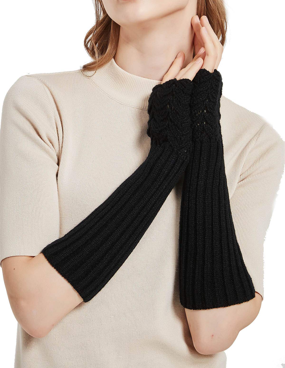 Novawo Women Arm Warmers Fashion Long Fingerless Gloves Knitted Kawaii Warm Gloves: Black
