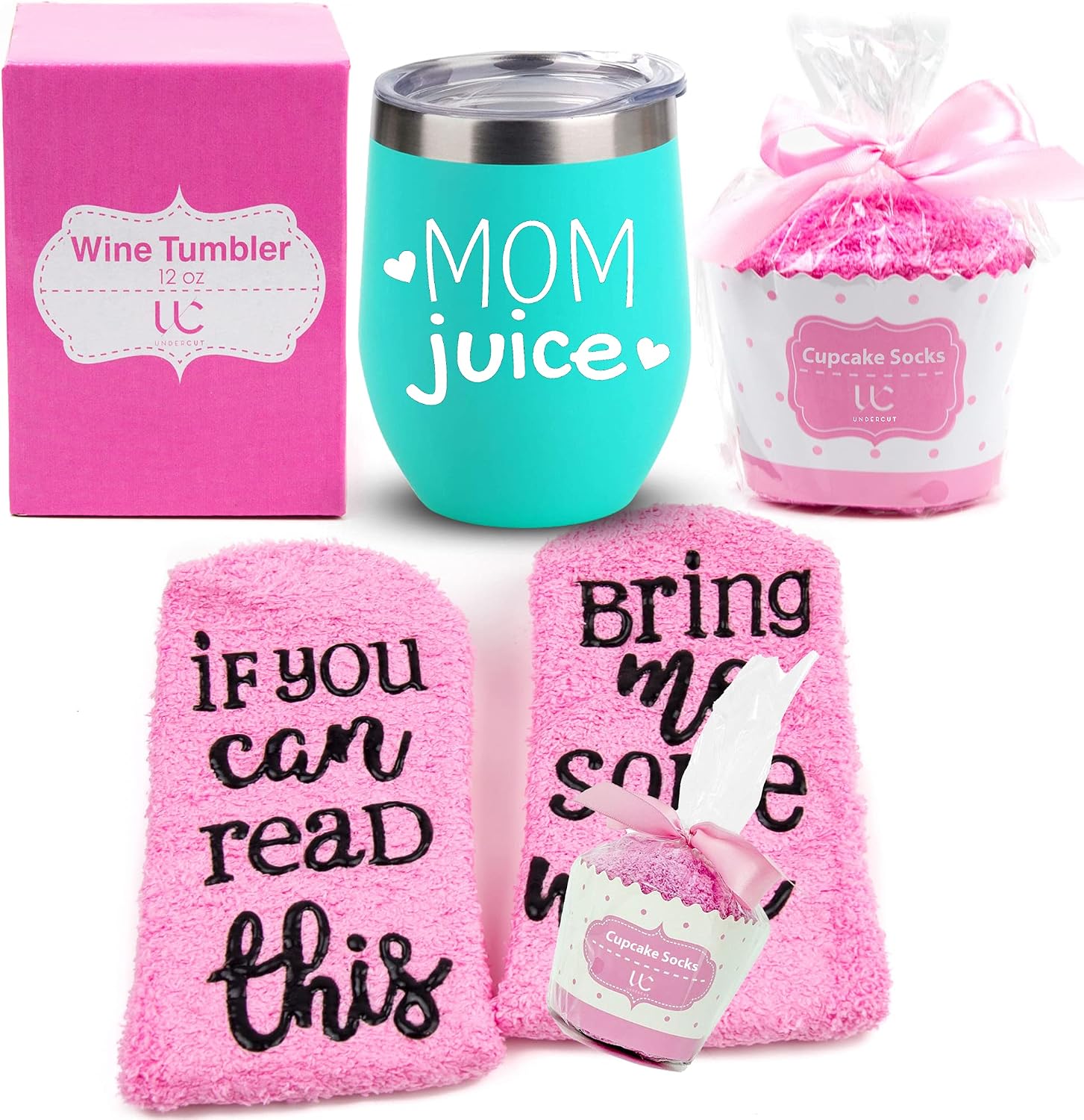 Mom Gift Set | Mom Juice Wine Tumbler + Cupcake Wine Socks | Stainless Steel 12 oz Stemless Wine Tumbler with Lid + Wine Socks | Funny Gifts for Mom, Mom Gifts, Birthday Gifts for Mom