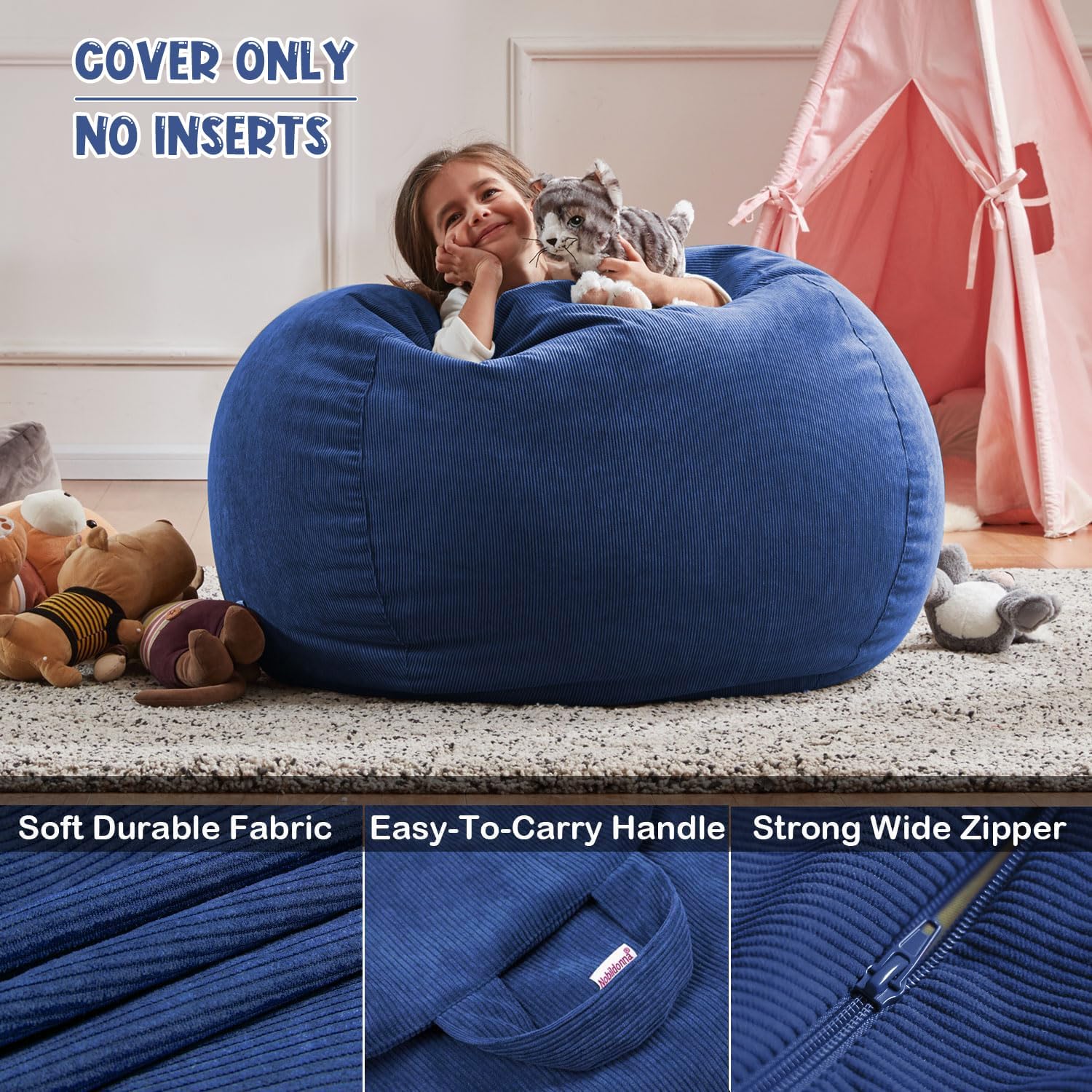 Nobildonna Bean Bag Chair Cover (No Filler) for Kids and Adults,Beanbag Stuffed Animal Storage Without Filling Plush Toys Holder and Organizer Soft Premium Corduroy 200L (Dark Blue)