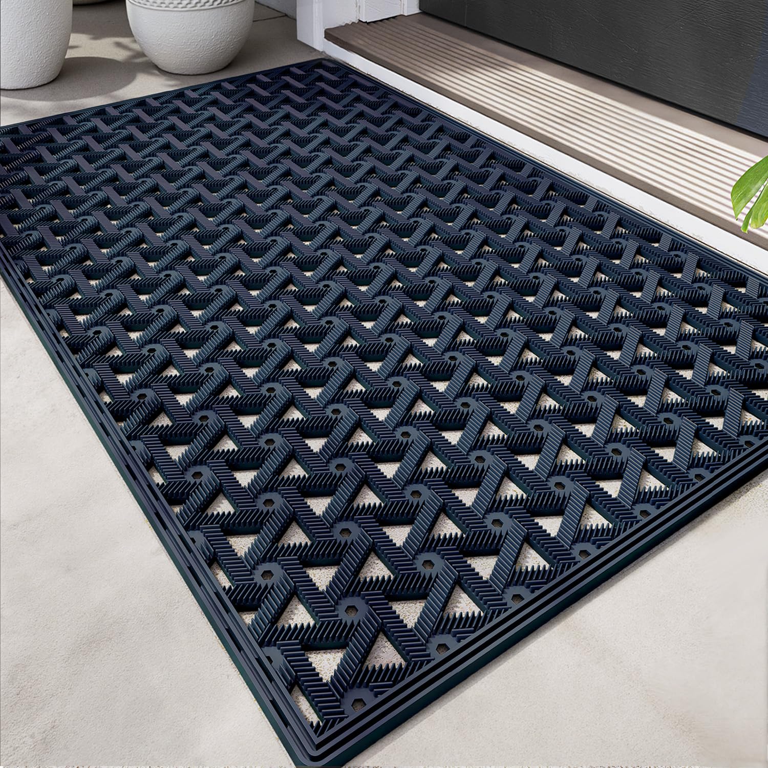 DEXI Outdoor Door Mat 61 x 91 cm, Non Slip Dirt Trapper Doormats Waterproof with Drainage Holes, Low Profile Entry Mats for Entrance, Patio, Garden, Navy