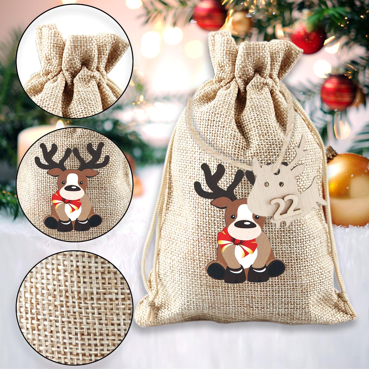 24 Pcs Christmas Advent Calendar Bags 24 Days Burlap Countdown Calendar Bags 4x6 Inch Drawstring Gift Bag Pouches With Xmas Mini Wooden Clips For