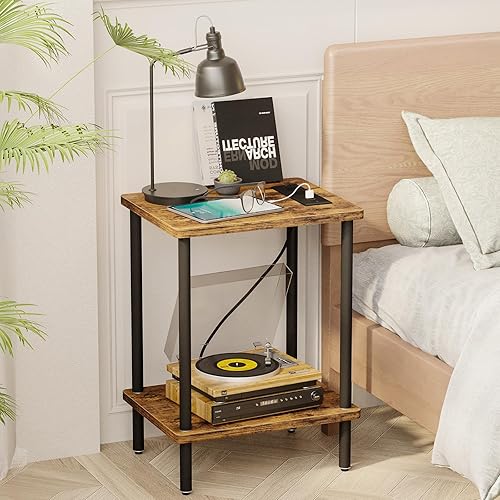 Miniatura 2 de Fixwal Mesita de noche de 2 niveles con estación de carga, juego de 2, mesa auxiliar con puertos USB y tomas de corriente, mesa auxiliar para sala